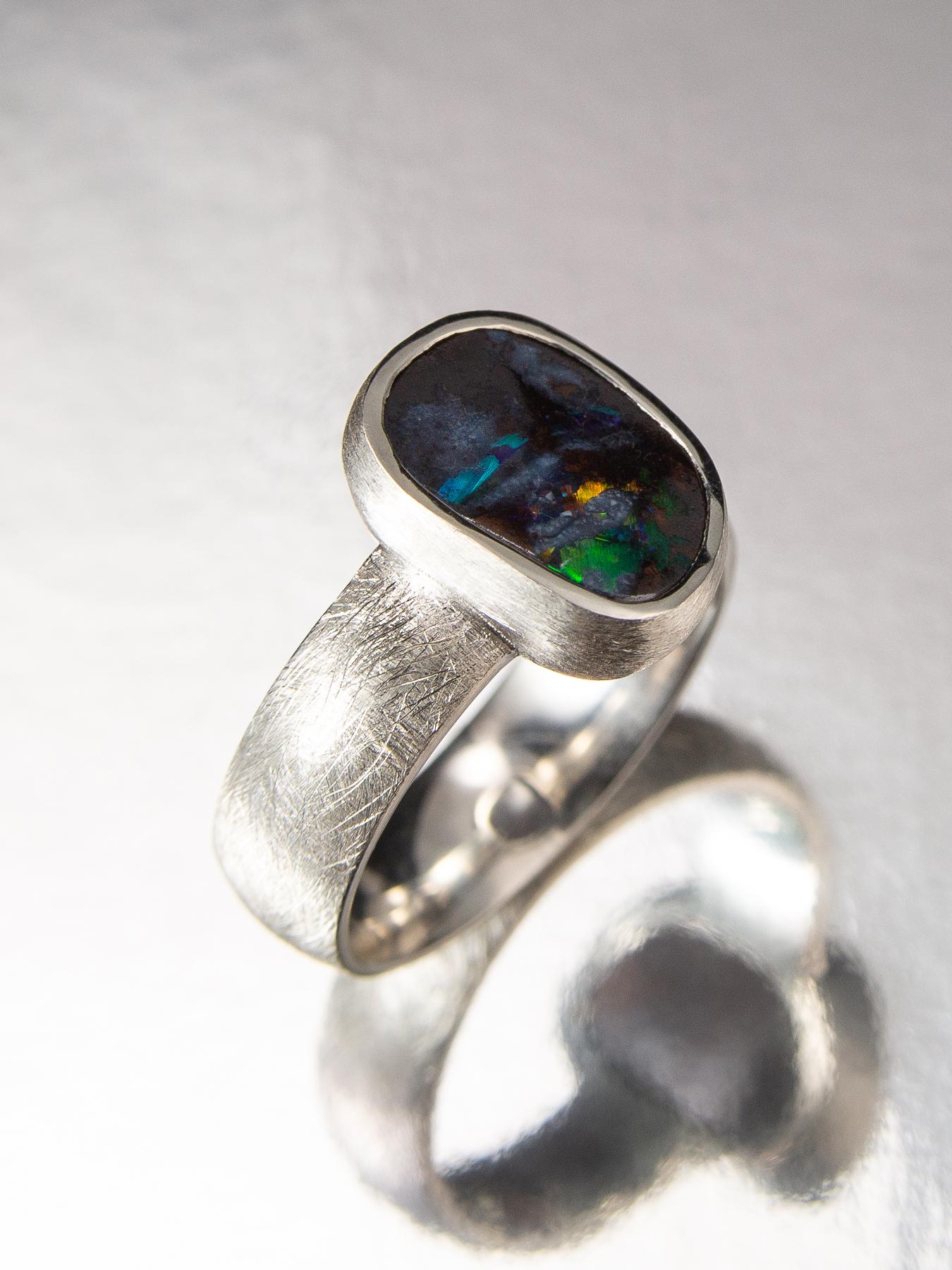 Boulder Opal Scratched Silver Ring Polychrome Multicolor Gemstones For Sale 2