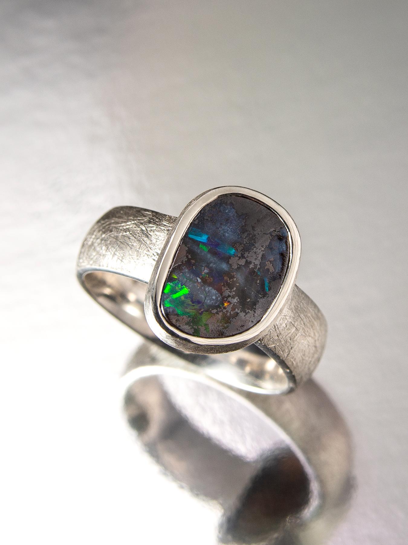 Boulder Opal Scratched Silver Ring Polychrome Multicolor Gemstones For Sale 3