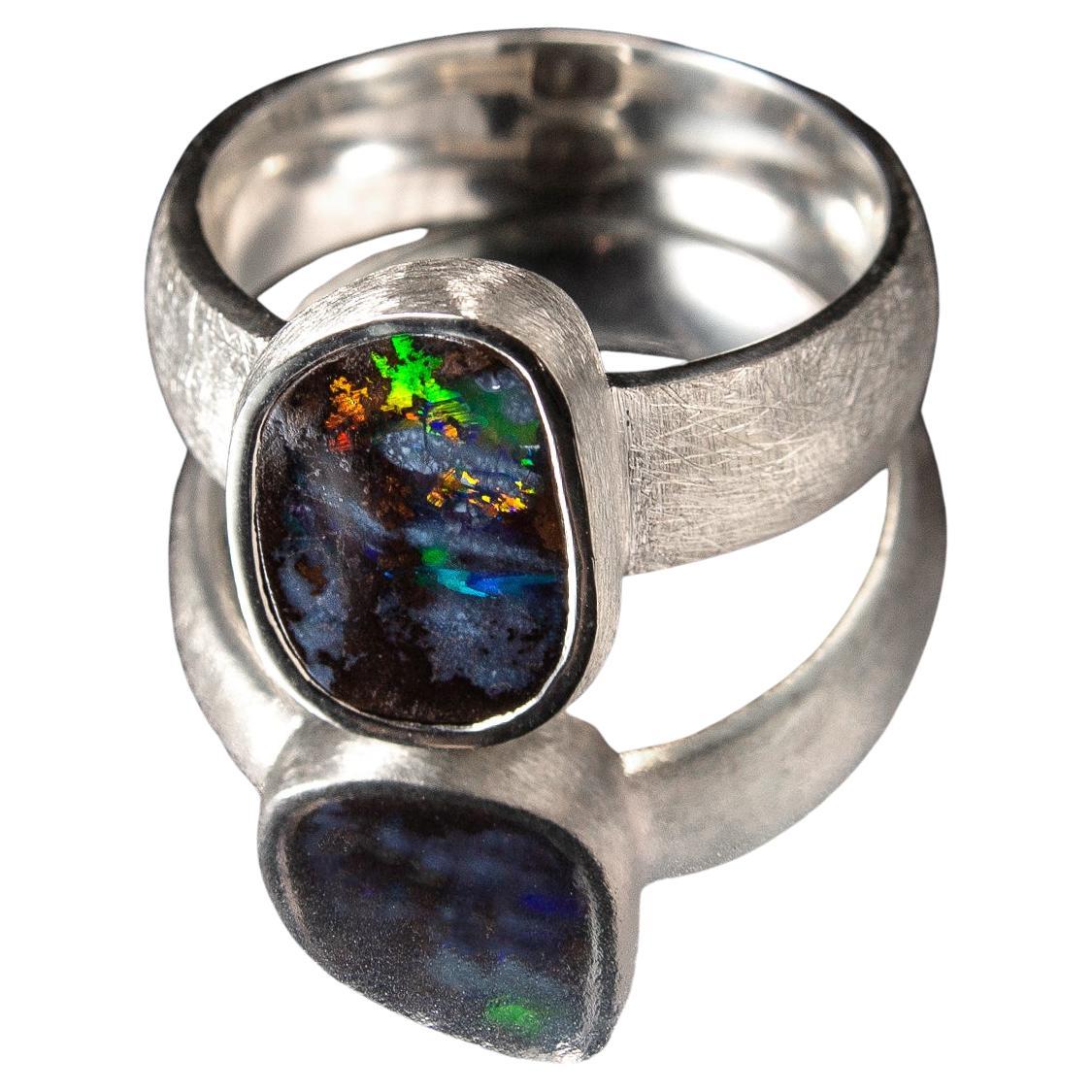 Ópalo de Boulder Anillo de Plata Rallado Policromo Multicolor Piedras Preciosas