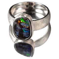 Ópalo de Boulder Anillo de Plata Rallado Policromo Multicolor Piedras Preciosas