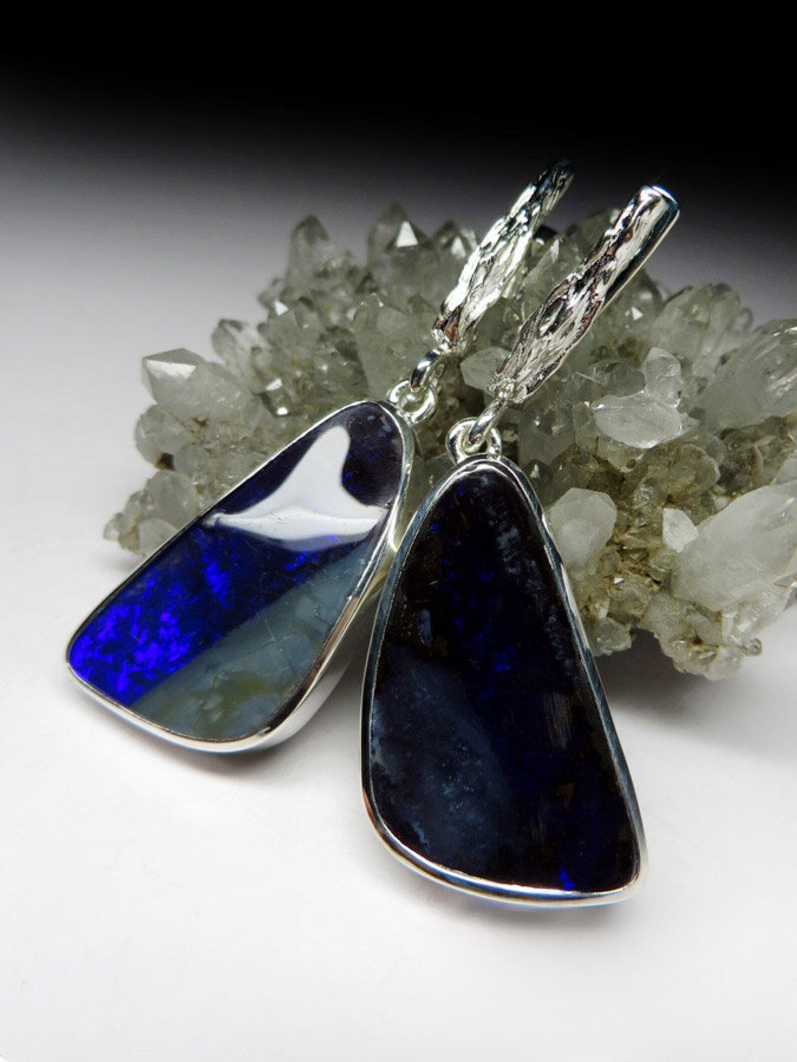 Artist Boulder Opal Silver Earrings Dangle Navy Blue Delphinium Ariel Style  For Sale