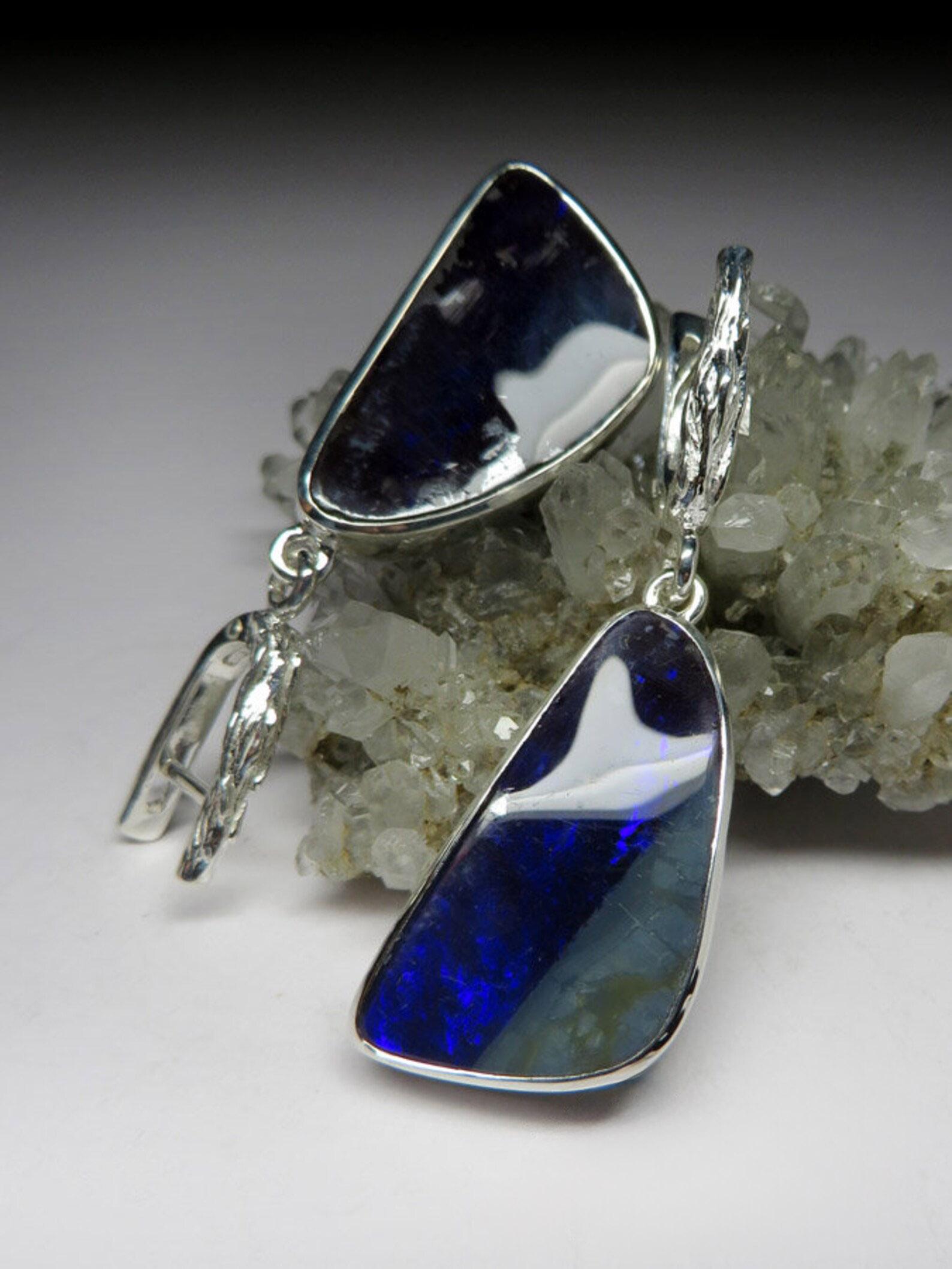 Trillion Cut Boulder Opal Silver Earrings Dangle Navy Blue Delphinium Ariel Style  For Sale