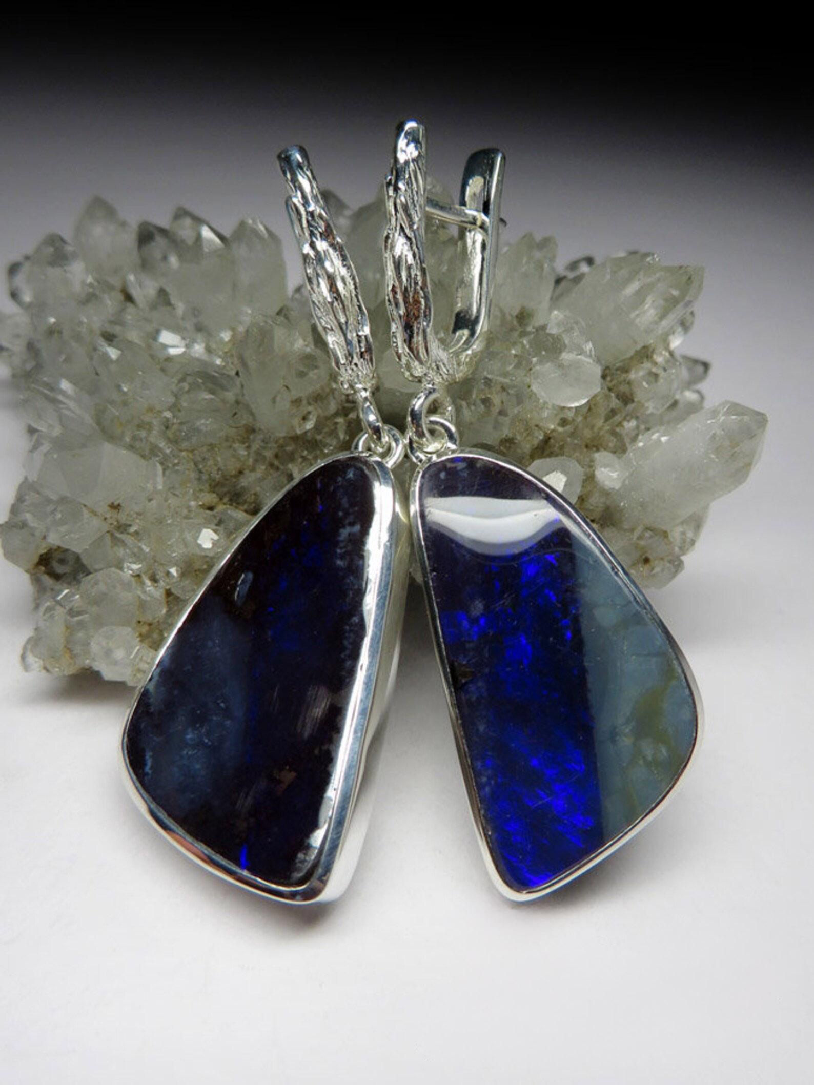 Boulder Opal Silver Earrings Dangle Navy Blue Delphinium Ariel Style  In New Condition For Sale In Berlin, DE