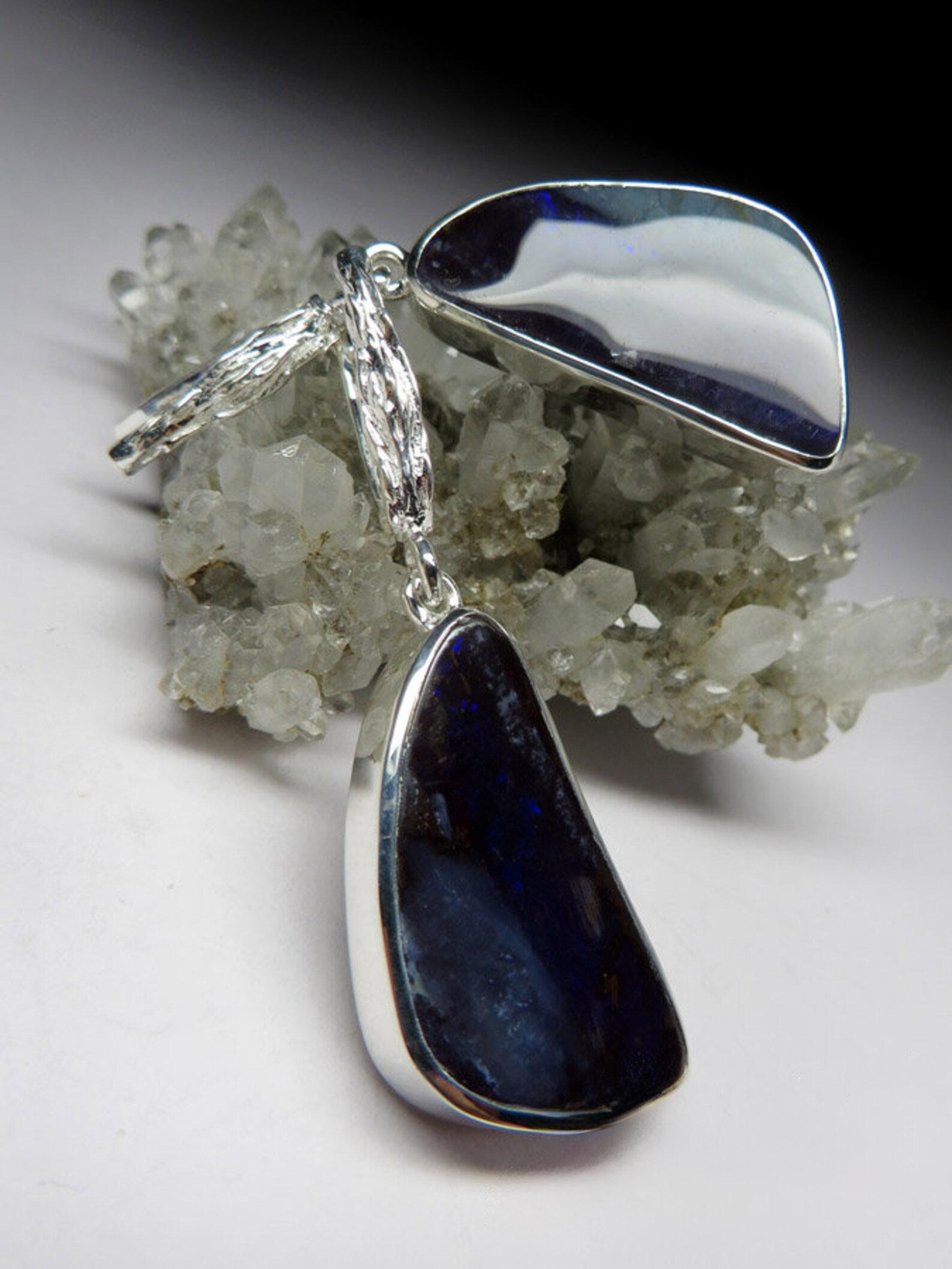Women's or Men's Boulder Opal Silver Earrings Dangle Navy Blue Delphinium Ariel Style  For Sale