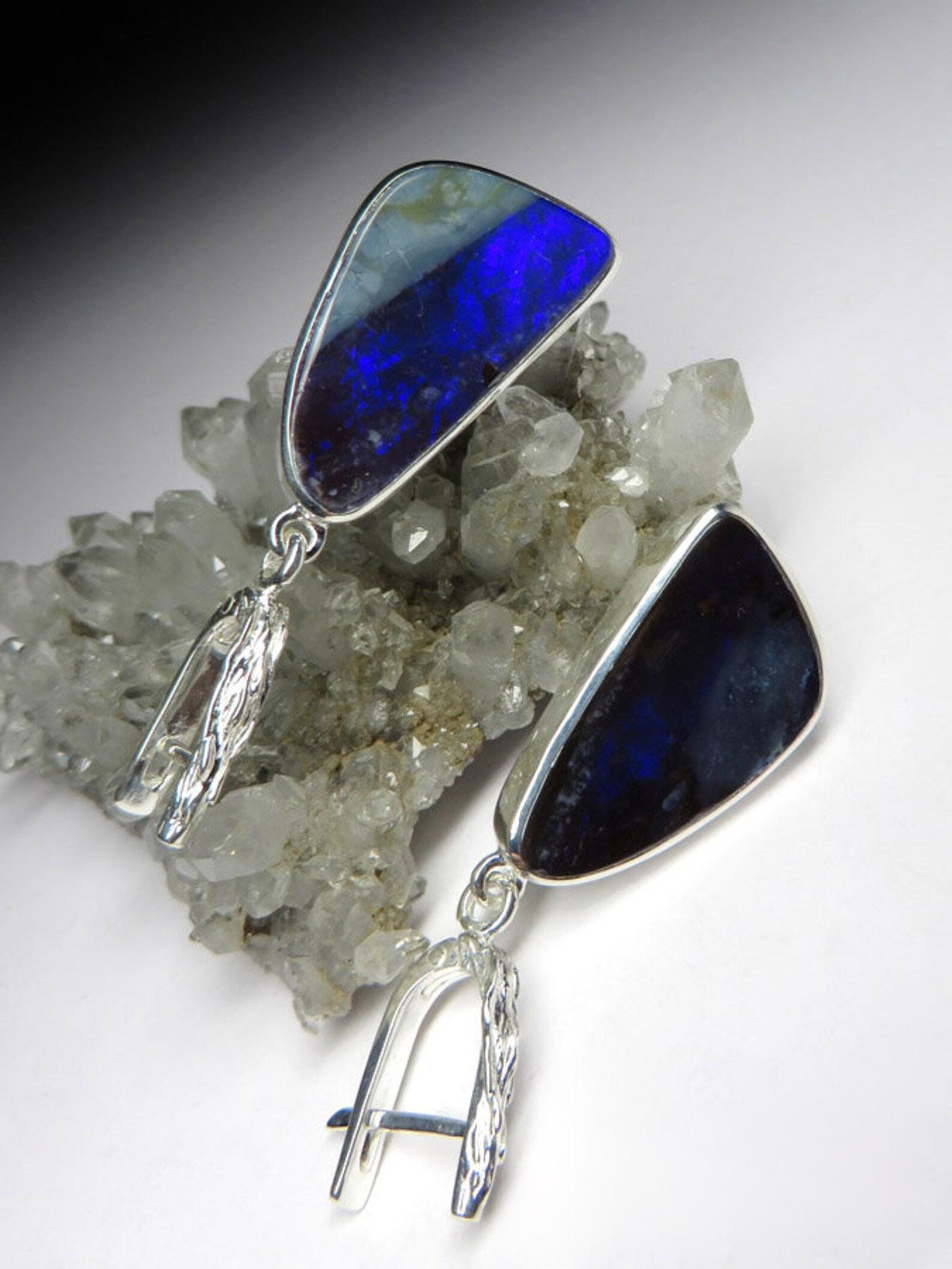 Boulder Opal Silver Earrings Dangle Navy Blue Delphinium Ariel Style  For Sale 2