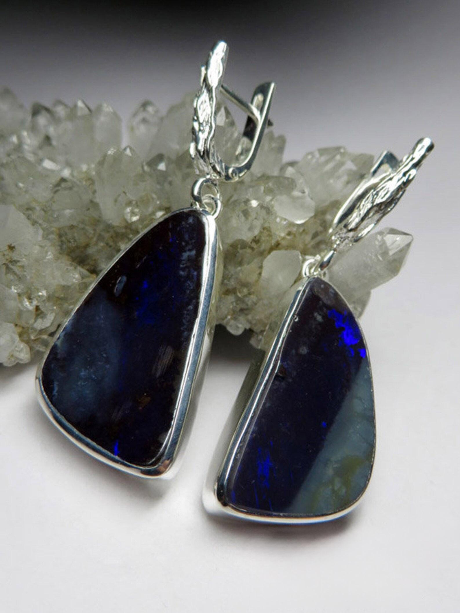Boulder Opal Silver Earrings Dangle Navy Blue Delphinium Ariel Style  For Sale 3