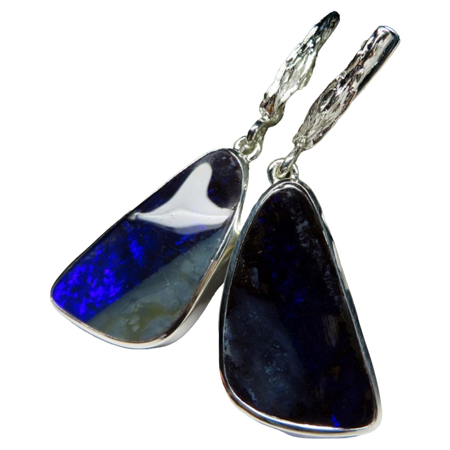 Boulder Opal Silver Earrings Dangle Navy Blue Delphinium Ariel Style  For Sale