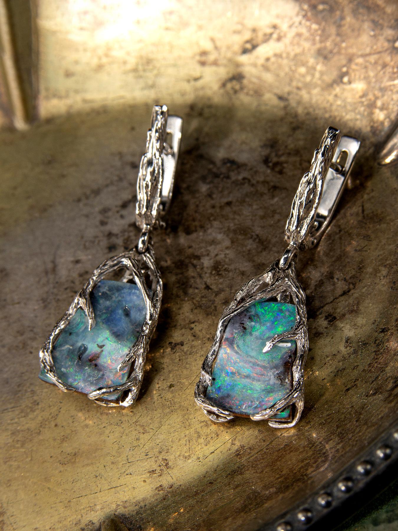 Boulder Opal Silber Ohrringe Multicolor Regenbogen australischer Opal im Zustand „Neu“ in Berlin, DE