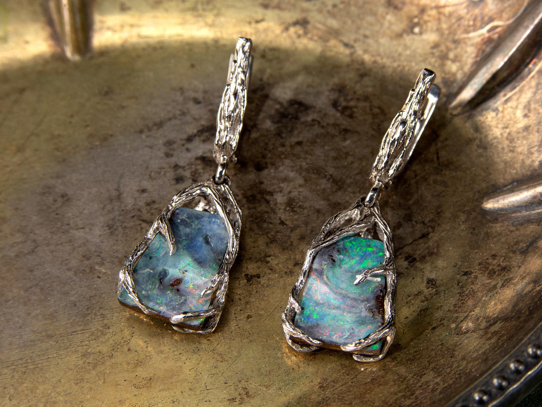 Boulder Opal Silber Ohrringe Multicolor Regenbogen australischer Opal für Damen oder Herren
