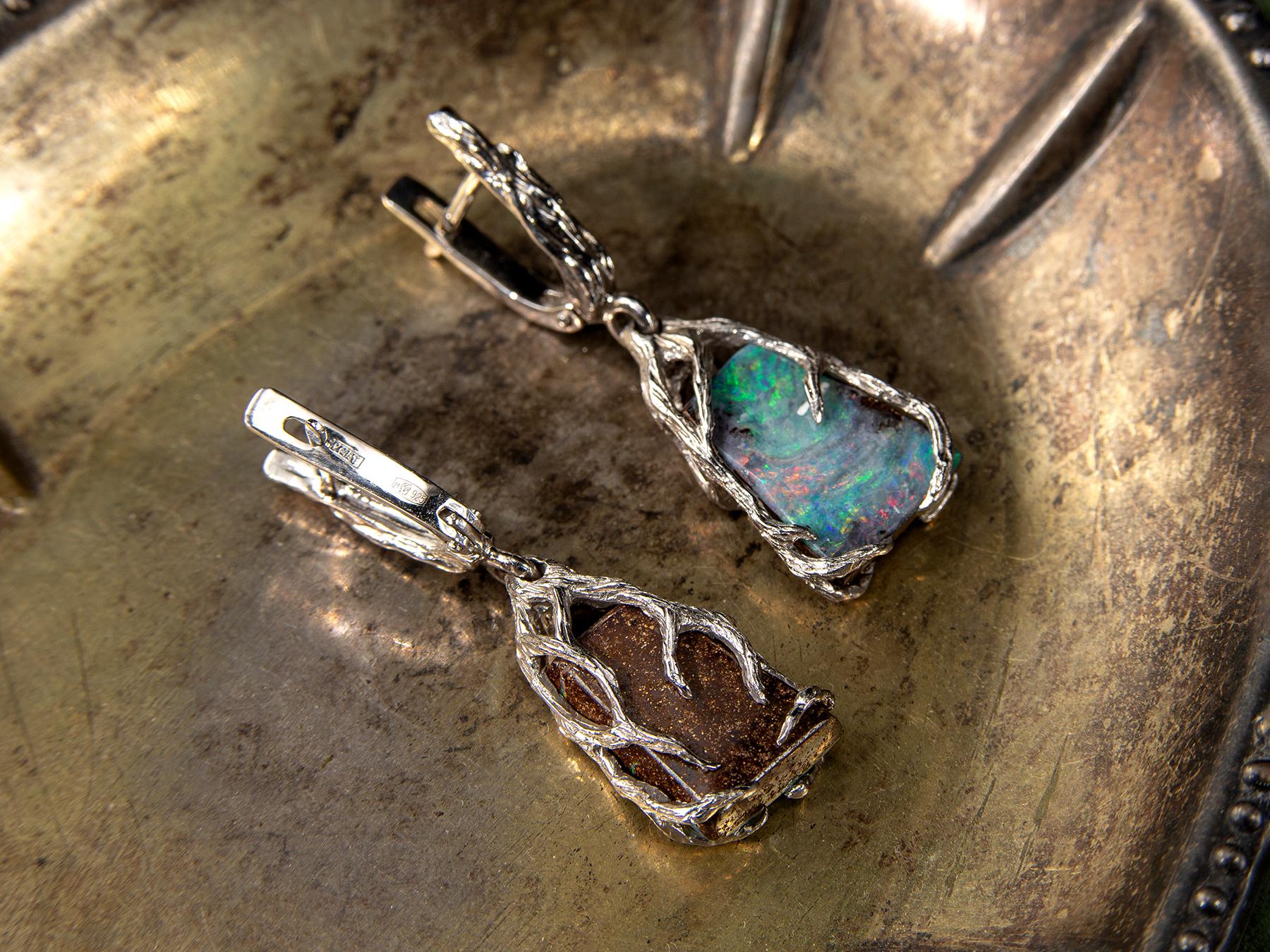 Boulder Opal Silber Ohrringe Multicolor Regenbogen australischer Opal 1