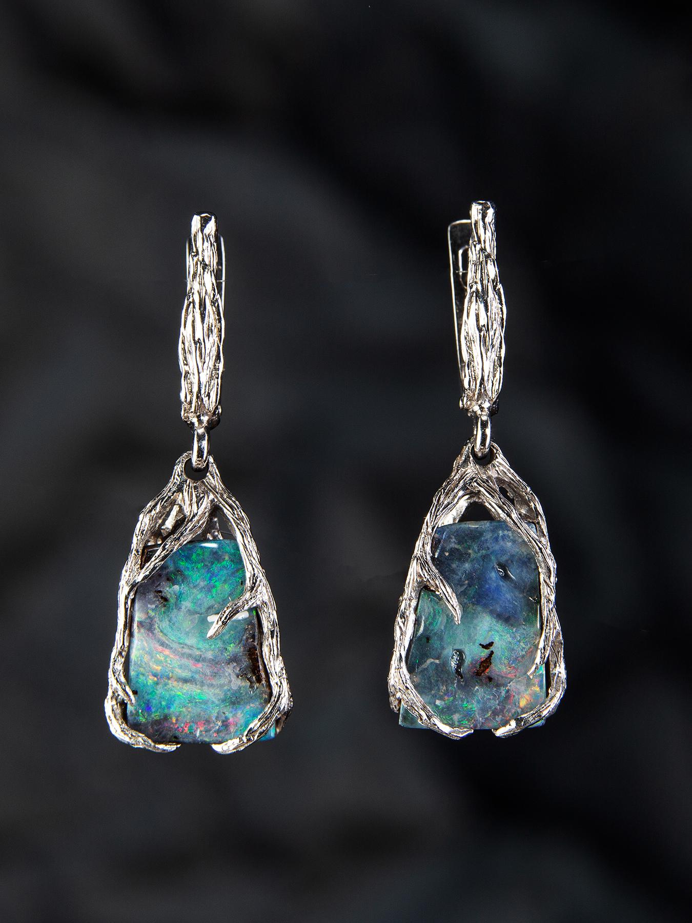 Boulder Opal Silber Ohrringe Multicolor Regenbogen australischer Opal 2