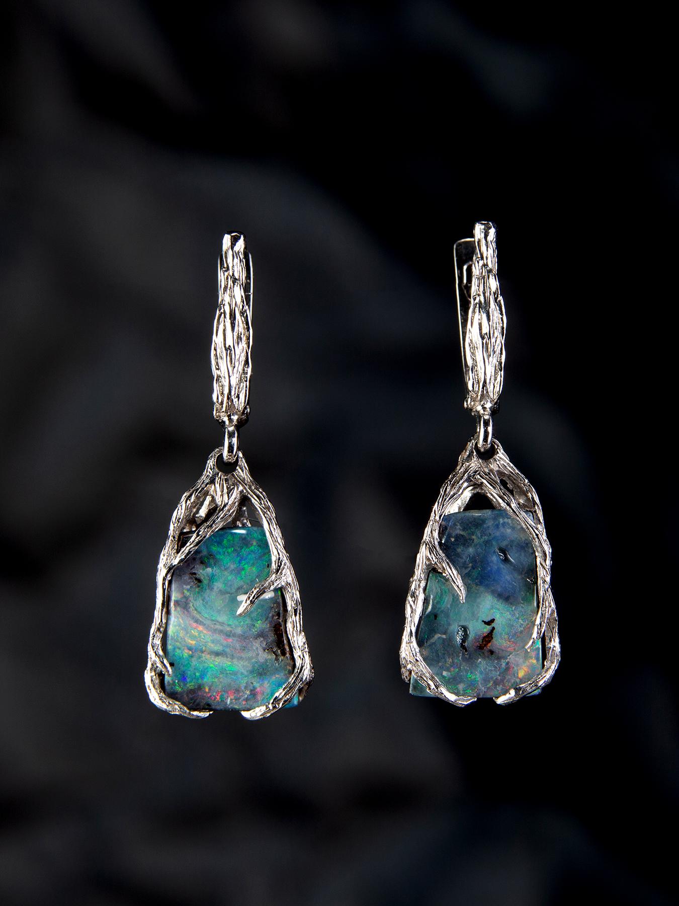 Boulder Opal Silber Ohrringe Multicolor Regenbogen australischer Opal 3