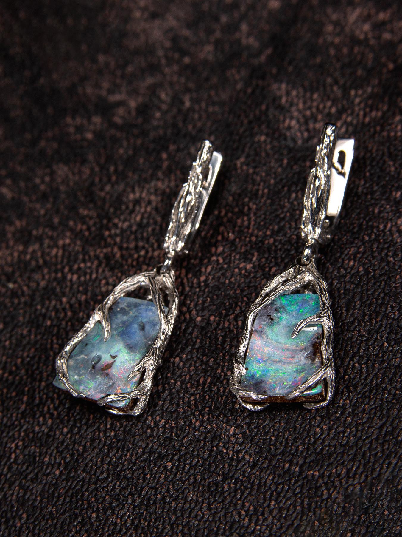 Boulder Opal Silber Ohrringe Multicolor Regenbogen australischer Opal 4