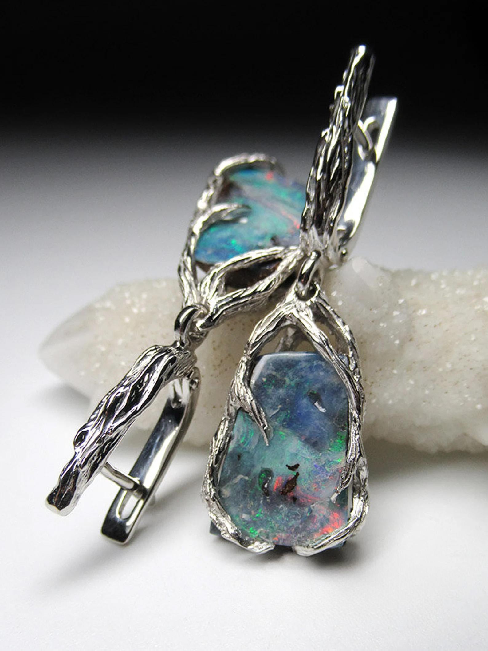 Art Nouveau Boulder Opal Silver Earrings Multicolor Rainbow Australian opal For Sale