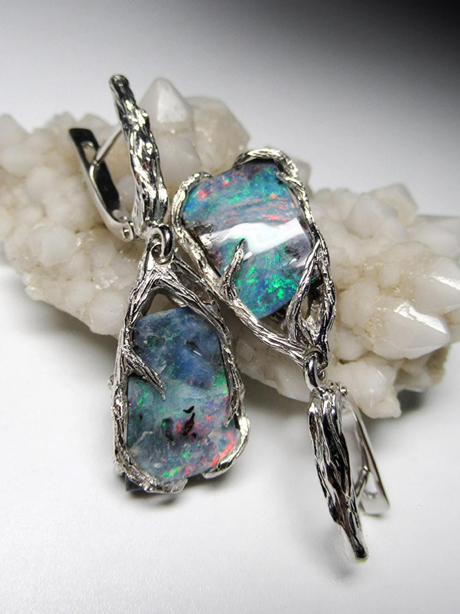 Cabochon Boulder Opal Silver Earrings Multicolor Rainbow Australian opal For Sale