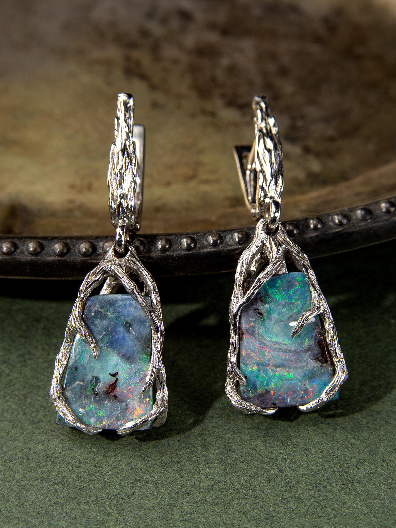 Boulder Opal Silber Ohrringe Multicolor Regenbogen australischer Opal (Art nouveau)