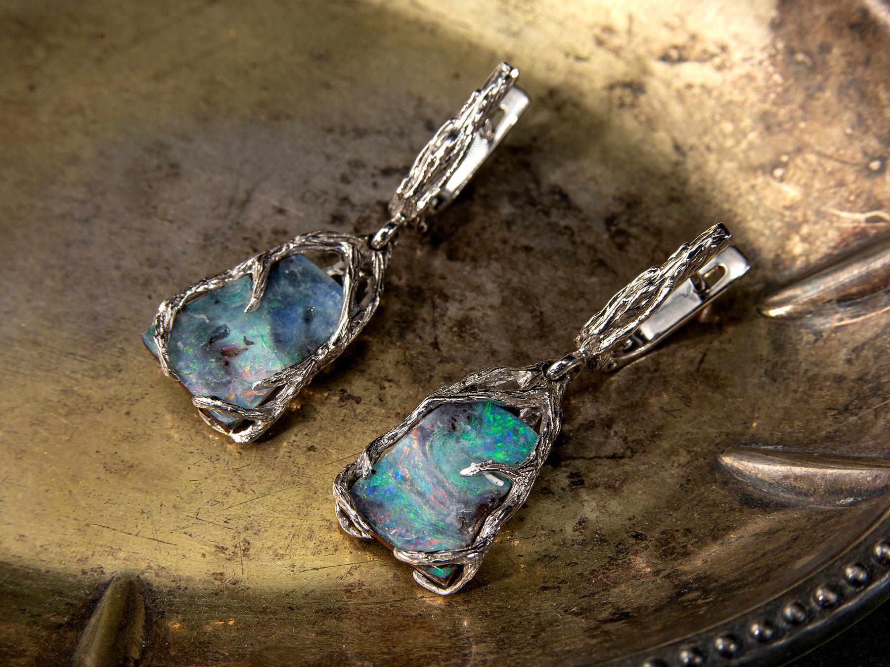 Boulder Opal Silber Ohrringe Multicolor Regenbogen australischer Opal (Cabochon)