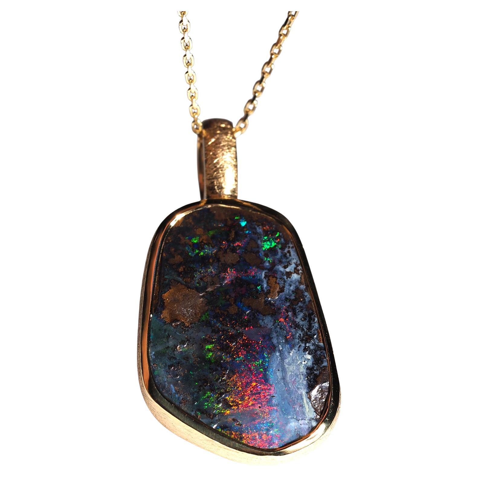 Boulder Opal Silver Necklace Australian Green Red Opal Gold Plated Pendant