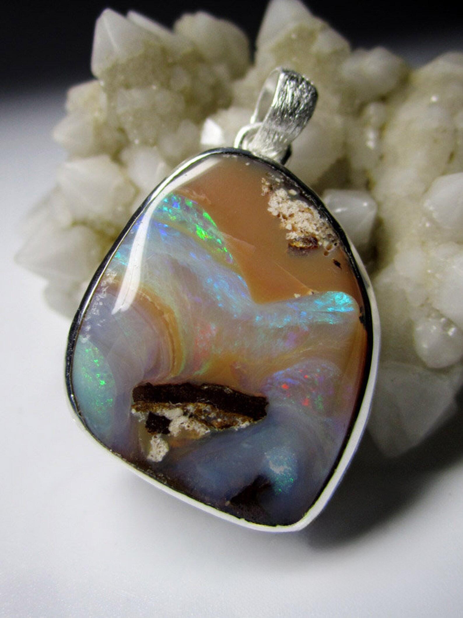 Boulder Opal Silver Necklace Galaxy Iridescent Natural Australian Gemstone For Sale 2