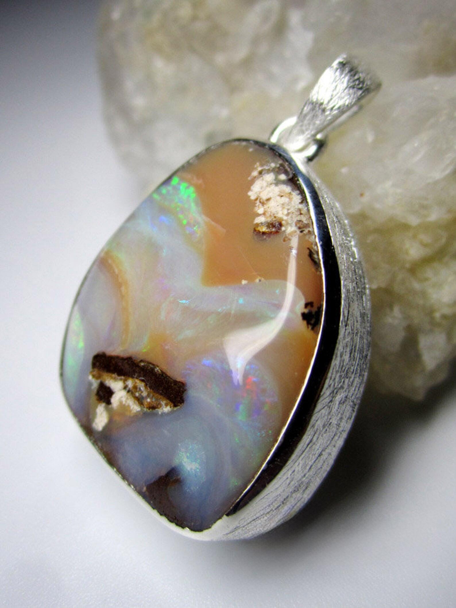 Boulder Opal Silver Necklace Galaxy Iridescent Natural Australian Gemstone For Sale 3