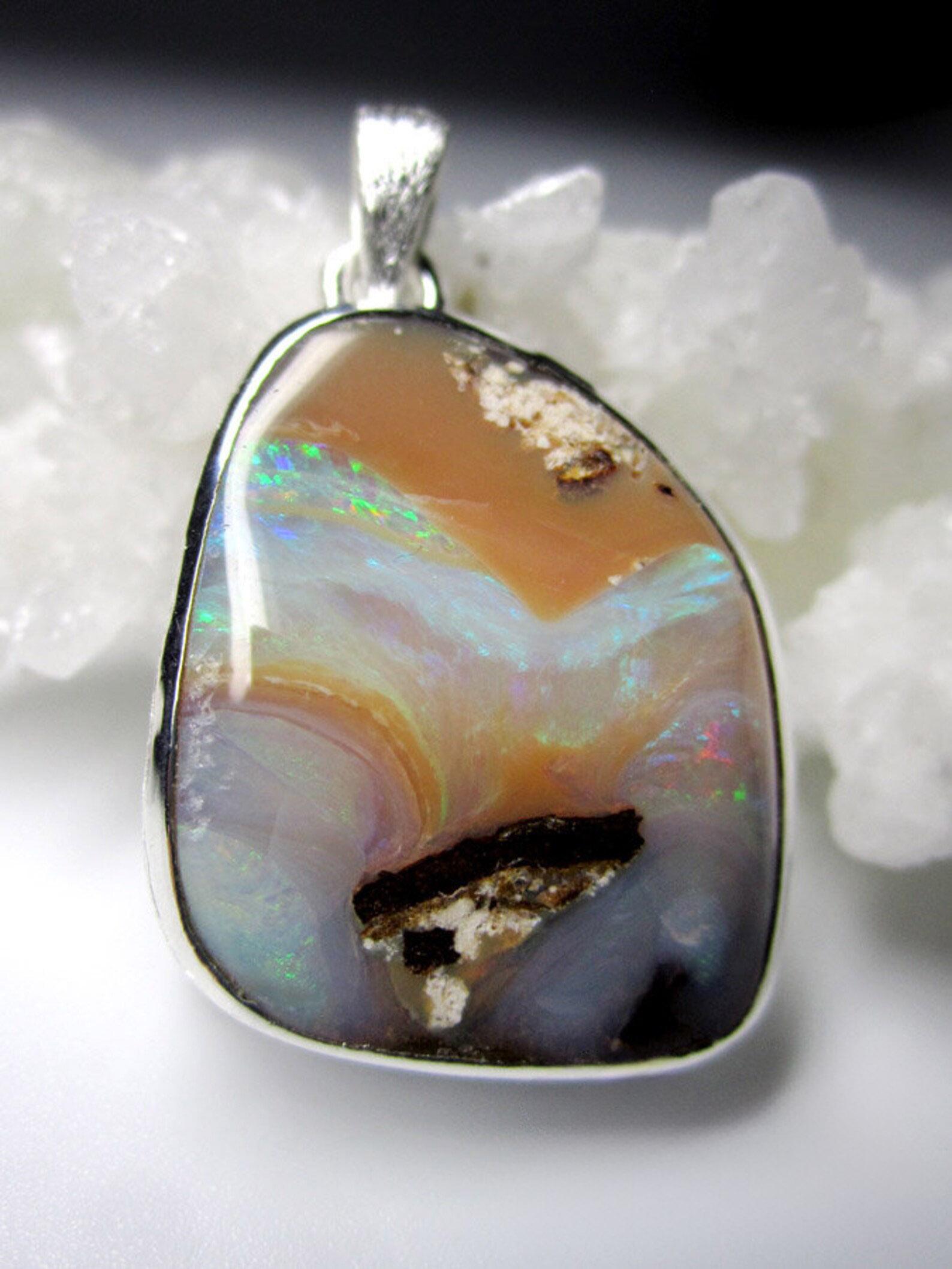 Artisan Boulder Opal Silver Necklace Galaxy Iridescent Natural Australian Gemstone For Sale