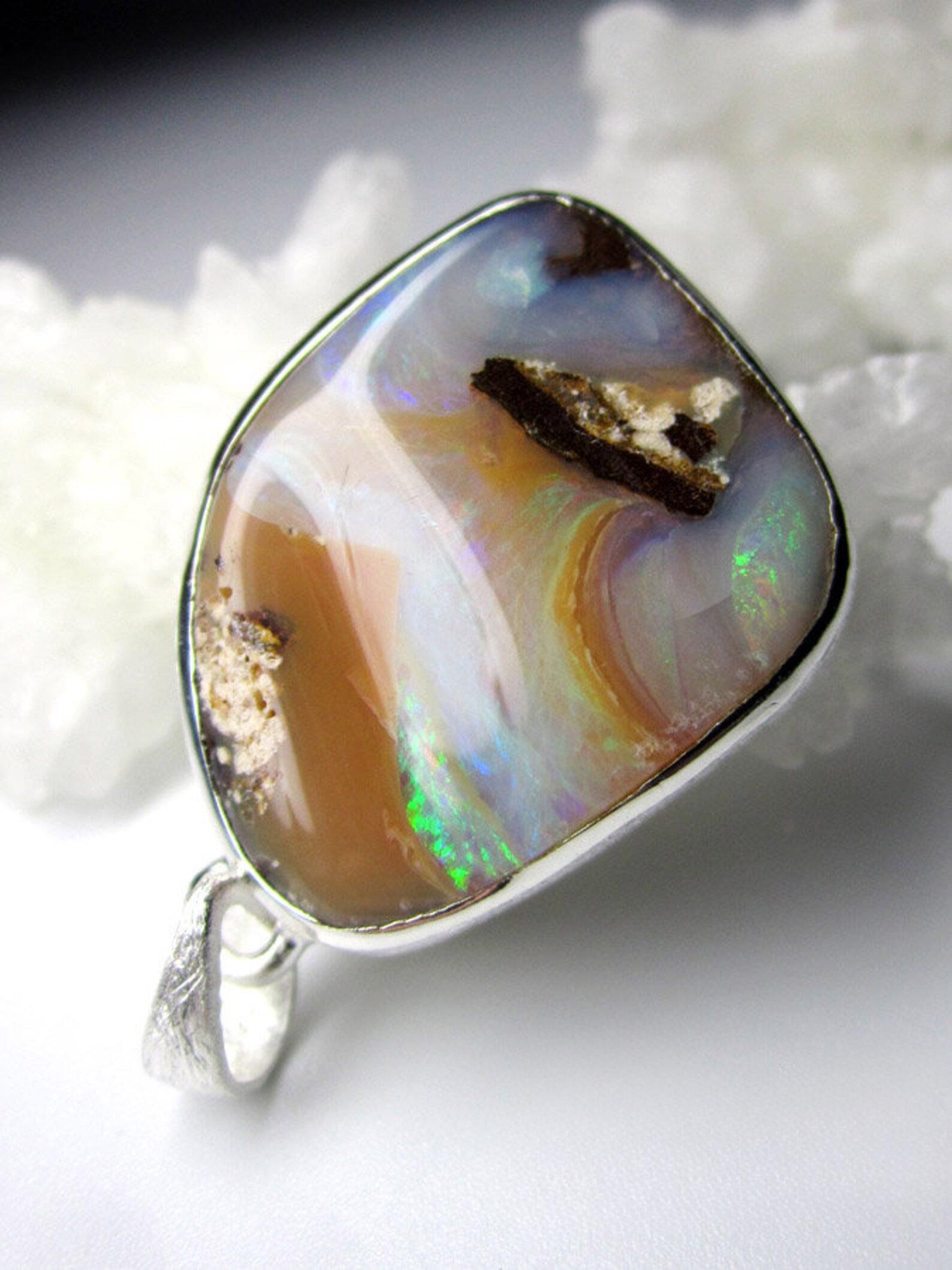 Mixed Cut Boulder Opal Silver Necklace Galaxy Iridescent Natural Australian Gemstone For Sale