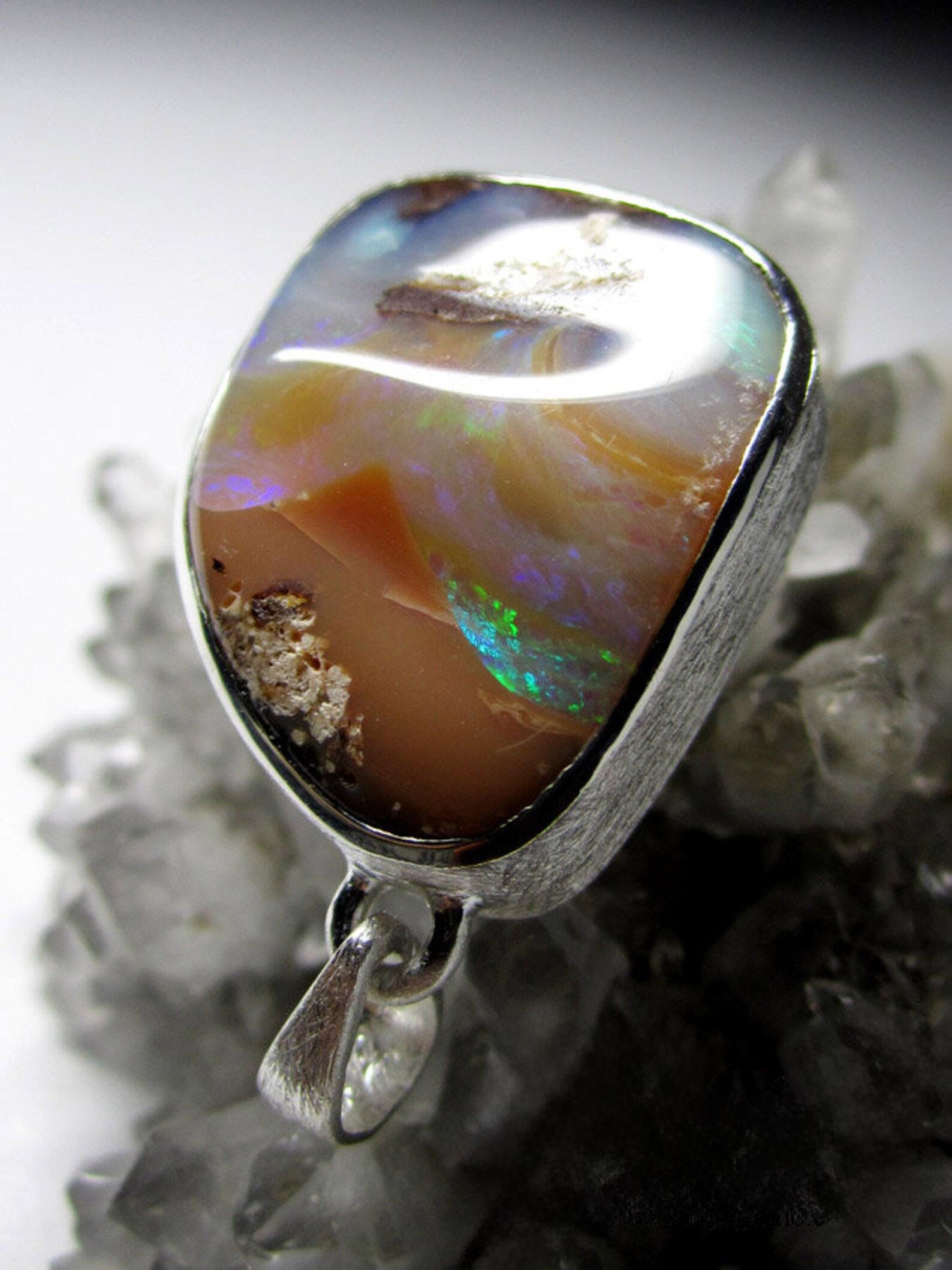 Women's or Men's Boulder Opal Silver Necklace Galaxy Iridescent Natural Australian Gemstone For Sale
