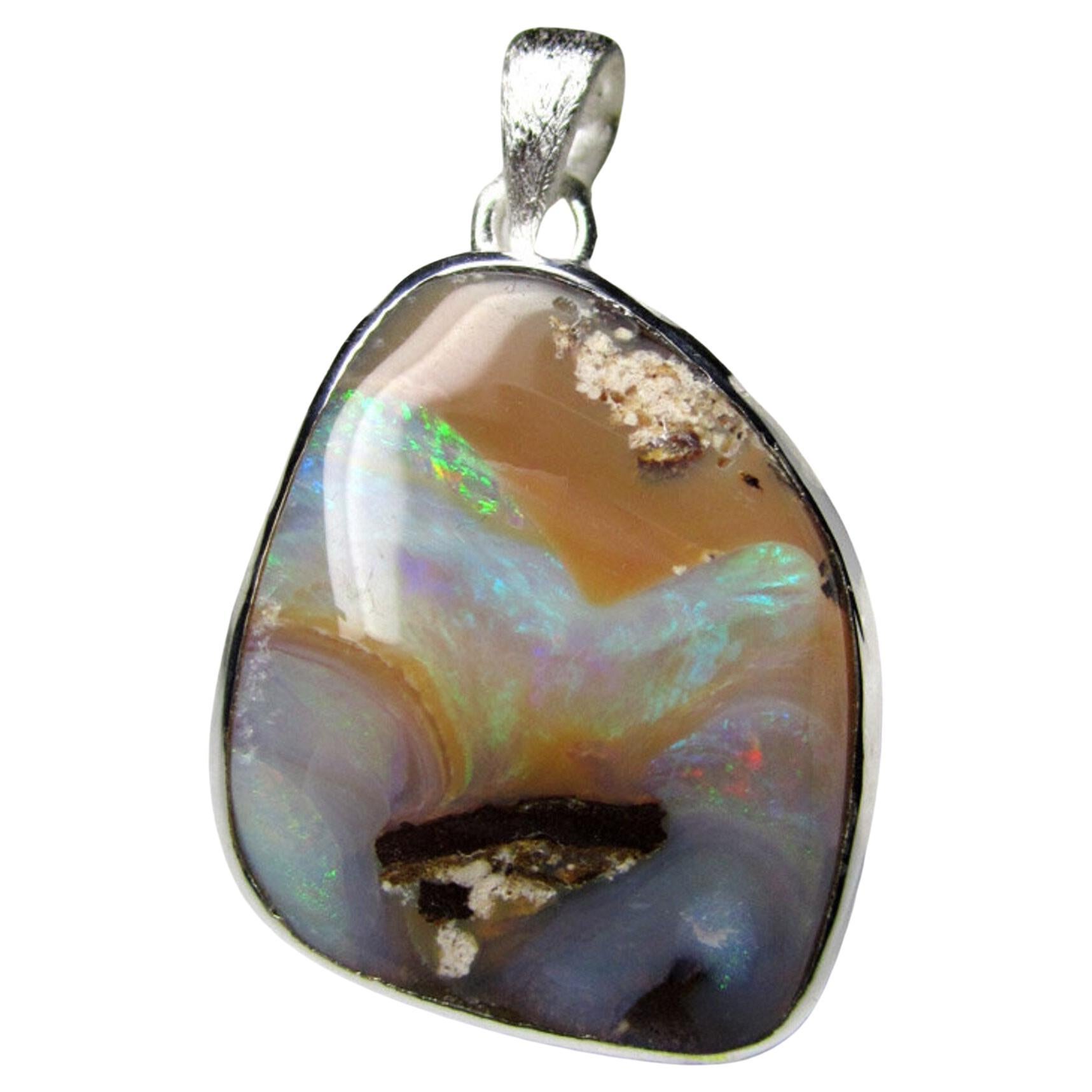 Boulder Opal Silver Necklace Galaxy Iridescent Natural Australian Gemstone For Sale