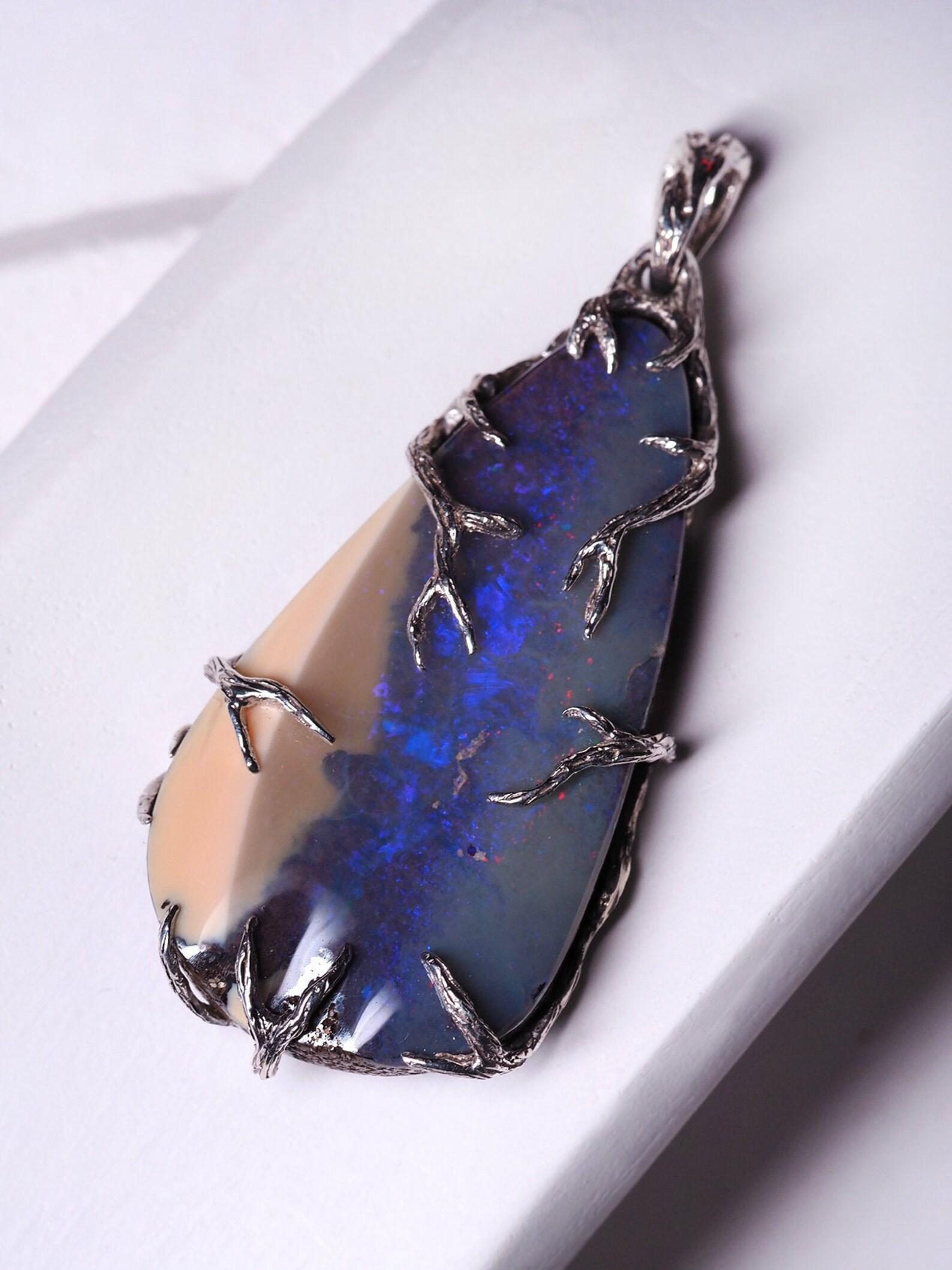 Artisan Boulder Opal Silver Pendant Blue Australian Gemstone  For Sale