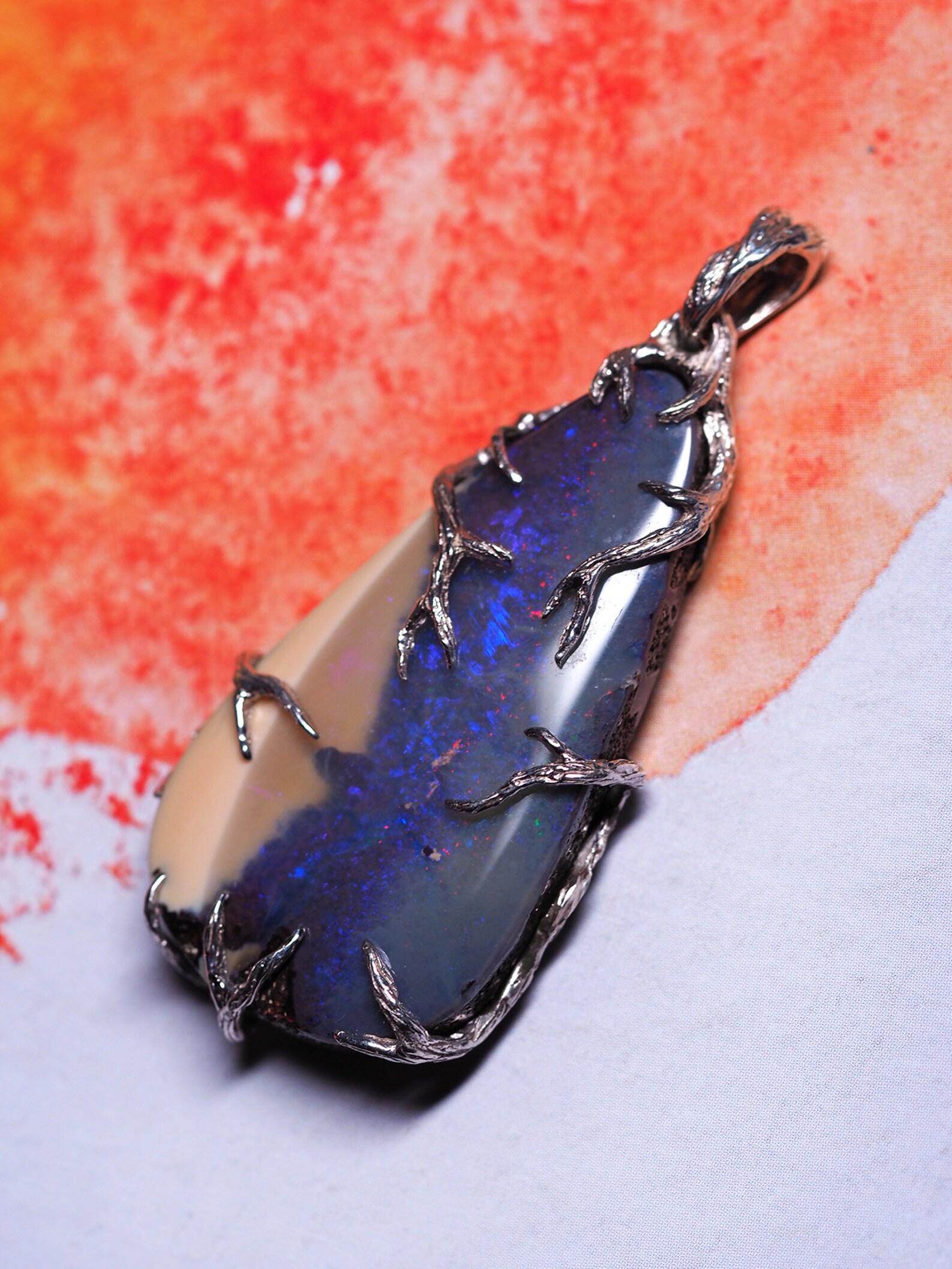 Pear Cut Boulder Opal Silver Pendant Blue Australian Gemstone  For Sale