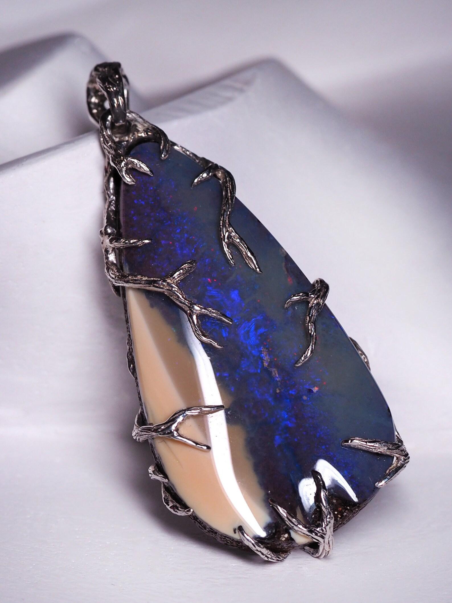 Women's or Men's Boulder Opal Silver Pendant Blue Australian Gemstone  For Sale
