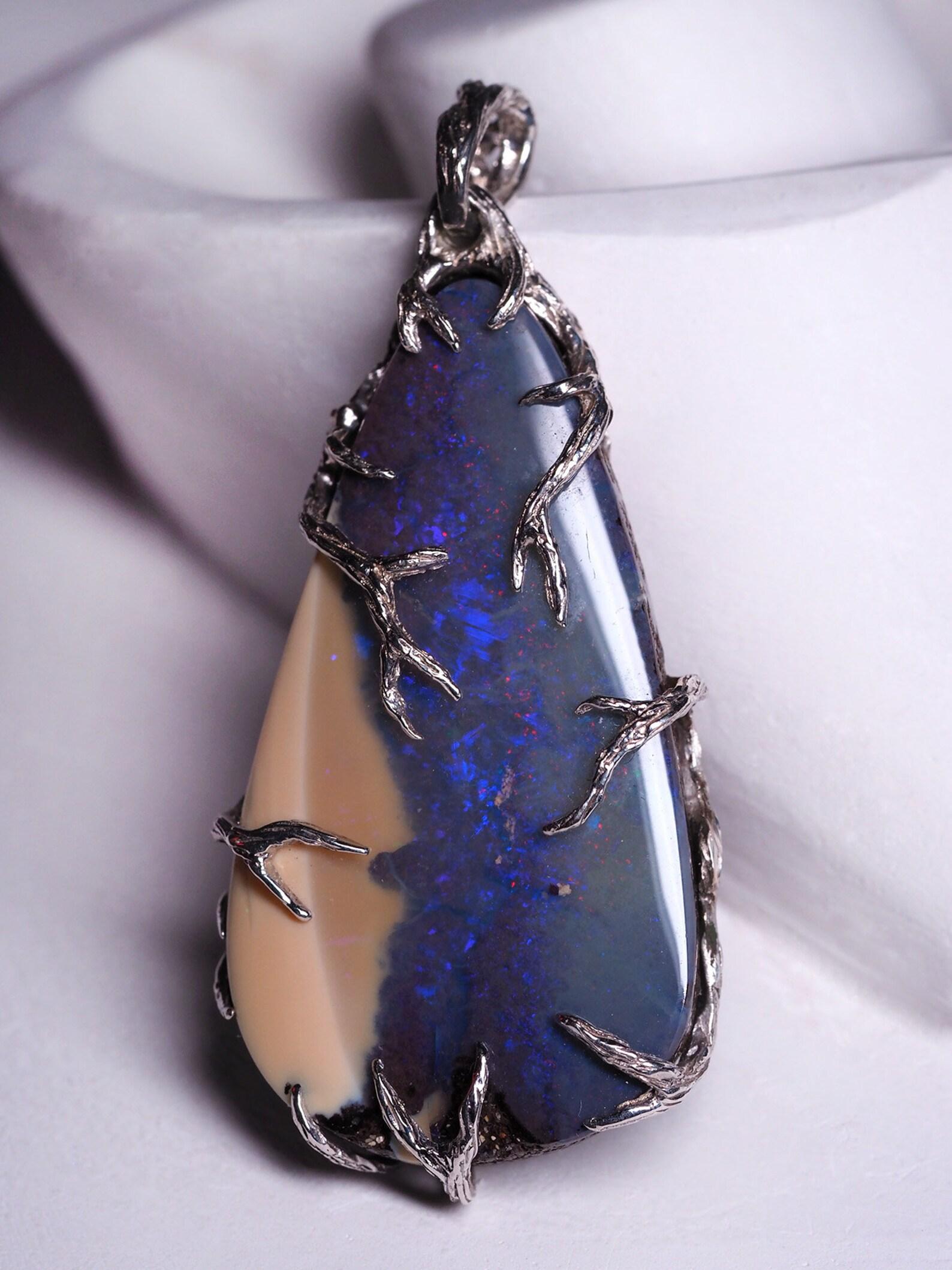 Boulder Opal Silver Pendant Blue Australian Gemstone  For Sale 1