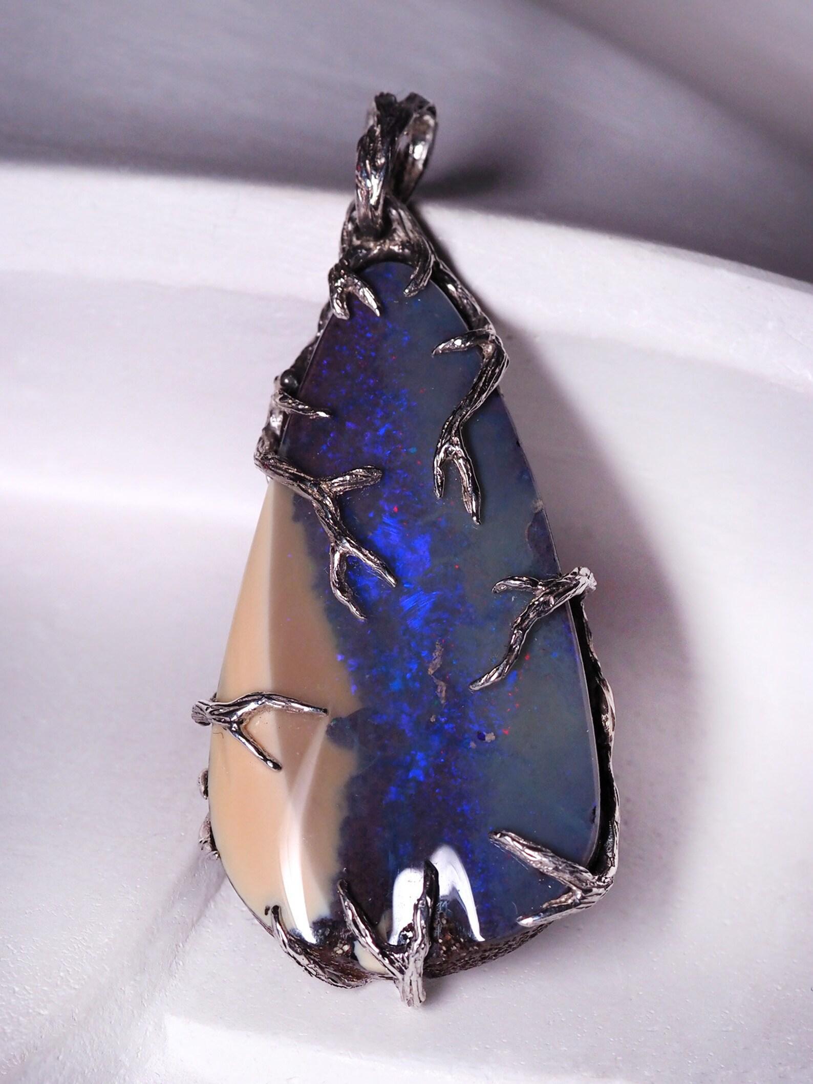 Boulder Opal Silver Pendant Blue Australian Gemstone  For Sale 2