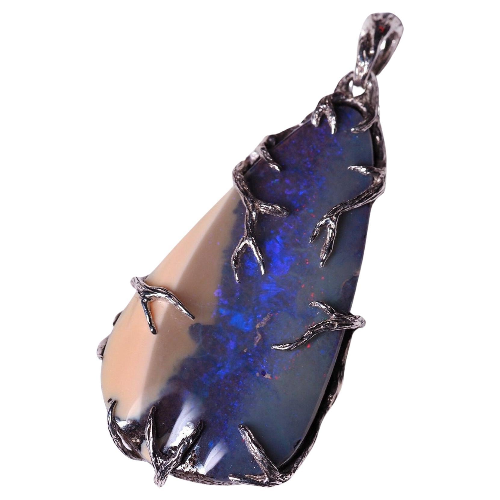 Boulder Opal Silver Pendant Blue Australian Gemstone  For Sale
