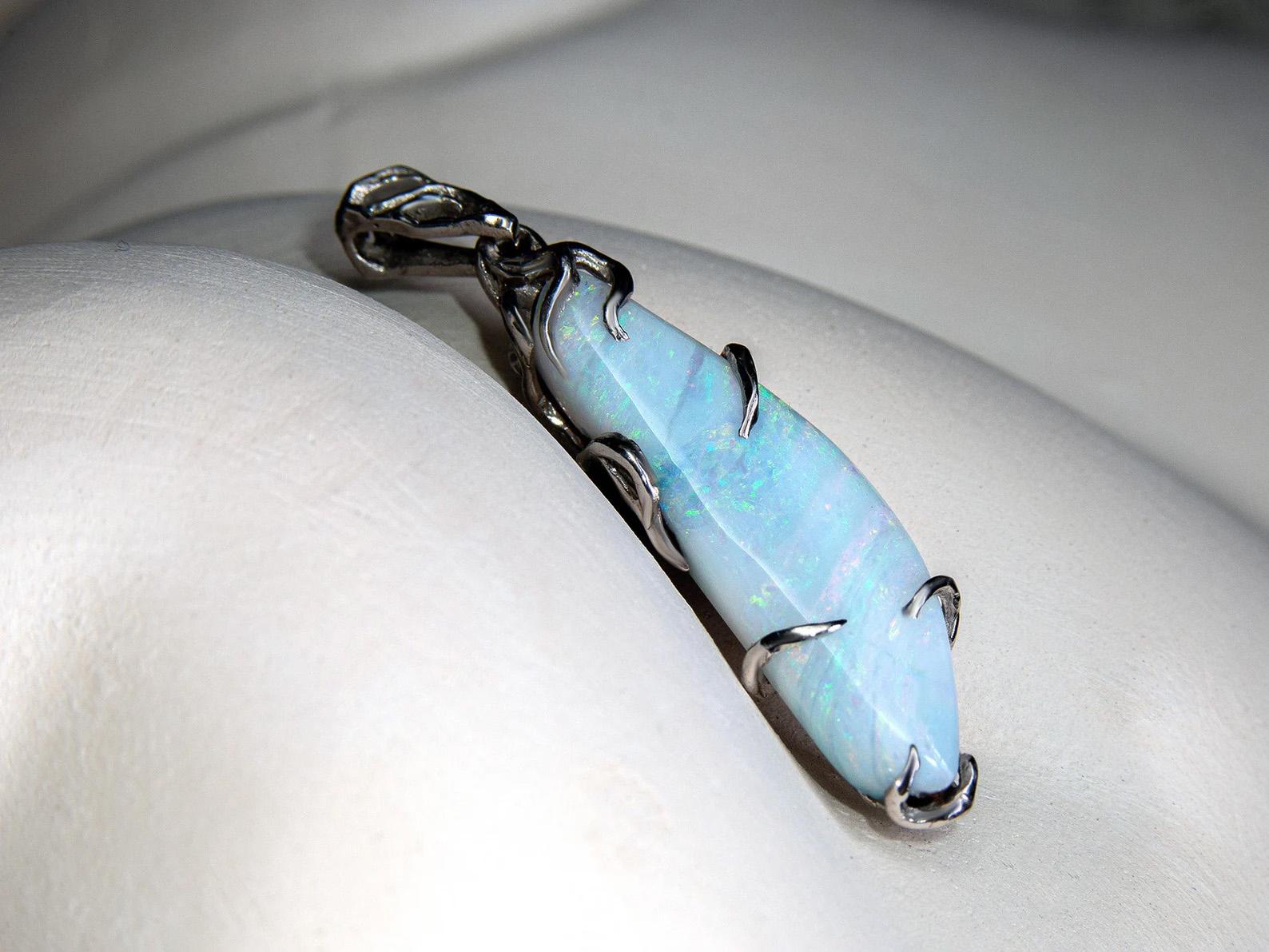 Boulder Opal Silver Pendant Blue Natural Australian Gemstone Valentines day gift In New Condition For Sale In Berlin, DE