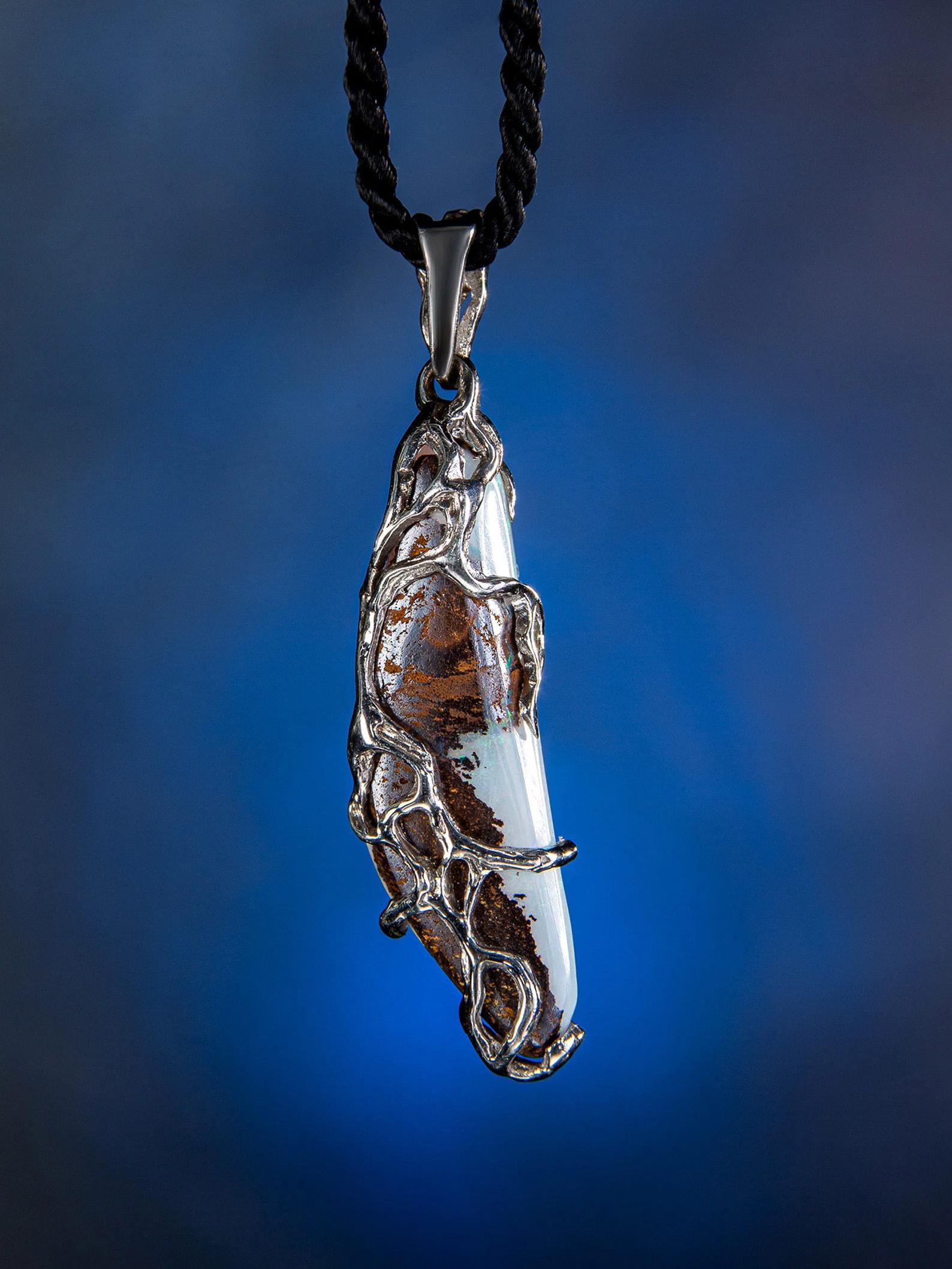 Boulder Opal Silver Pendant Blue Natural Australian Gemstone Valentines day gift For Sale 1