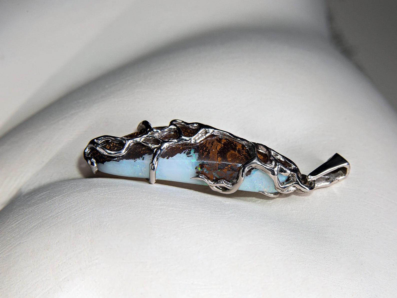 Boulder Opal Silver Pendant Blue Natural Australian Gemstone Valentines day gift For Sale 2