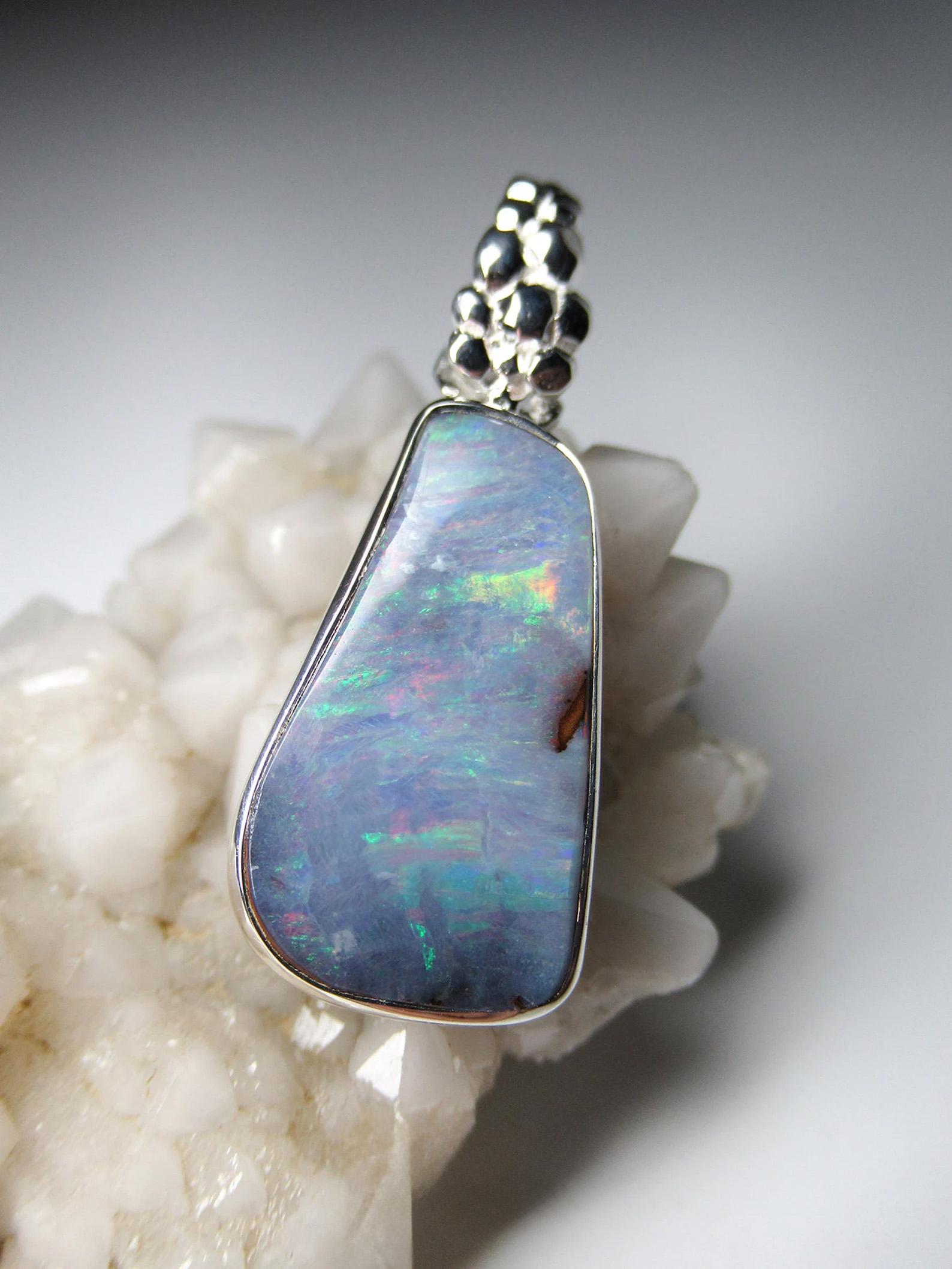 Artisan Boulder Opal Silver Pendant Colorful Blue Natural Australian gemstone gift For Sale
