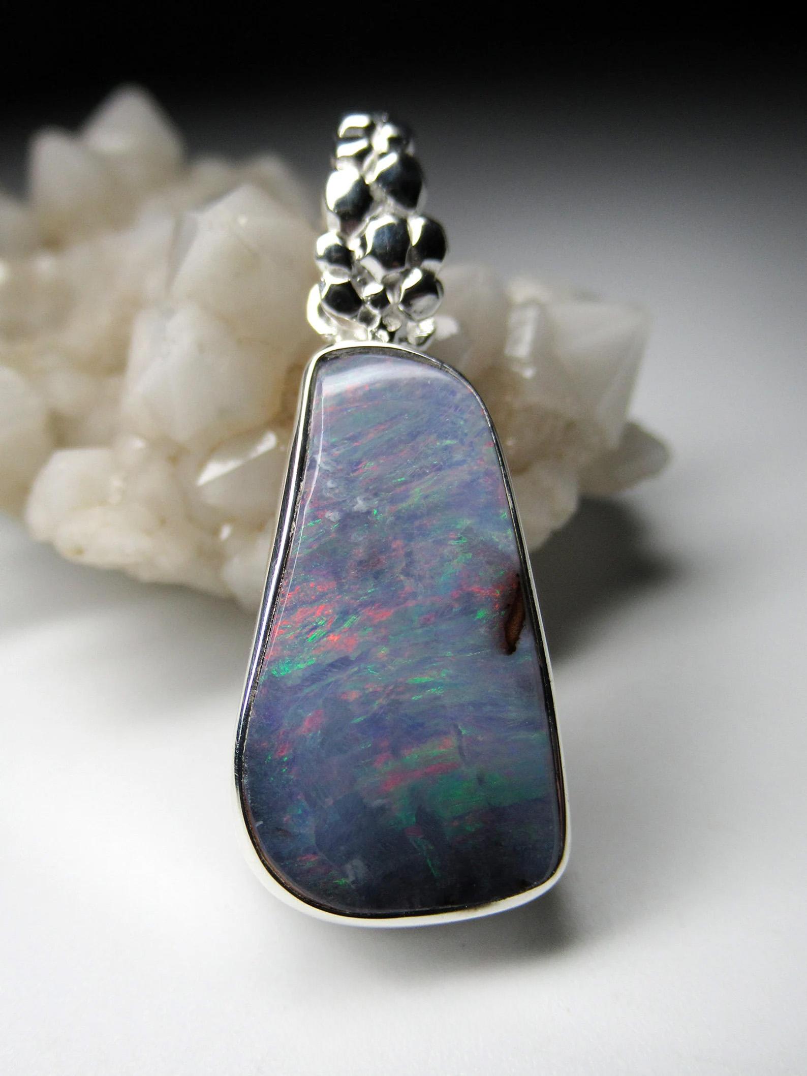 Trapezoid Cut Boulder Opal Silver Pendant Colorful Blue Natural Australian gemstone gift For Sale