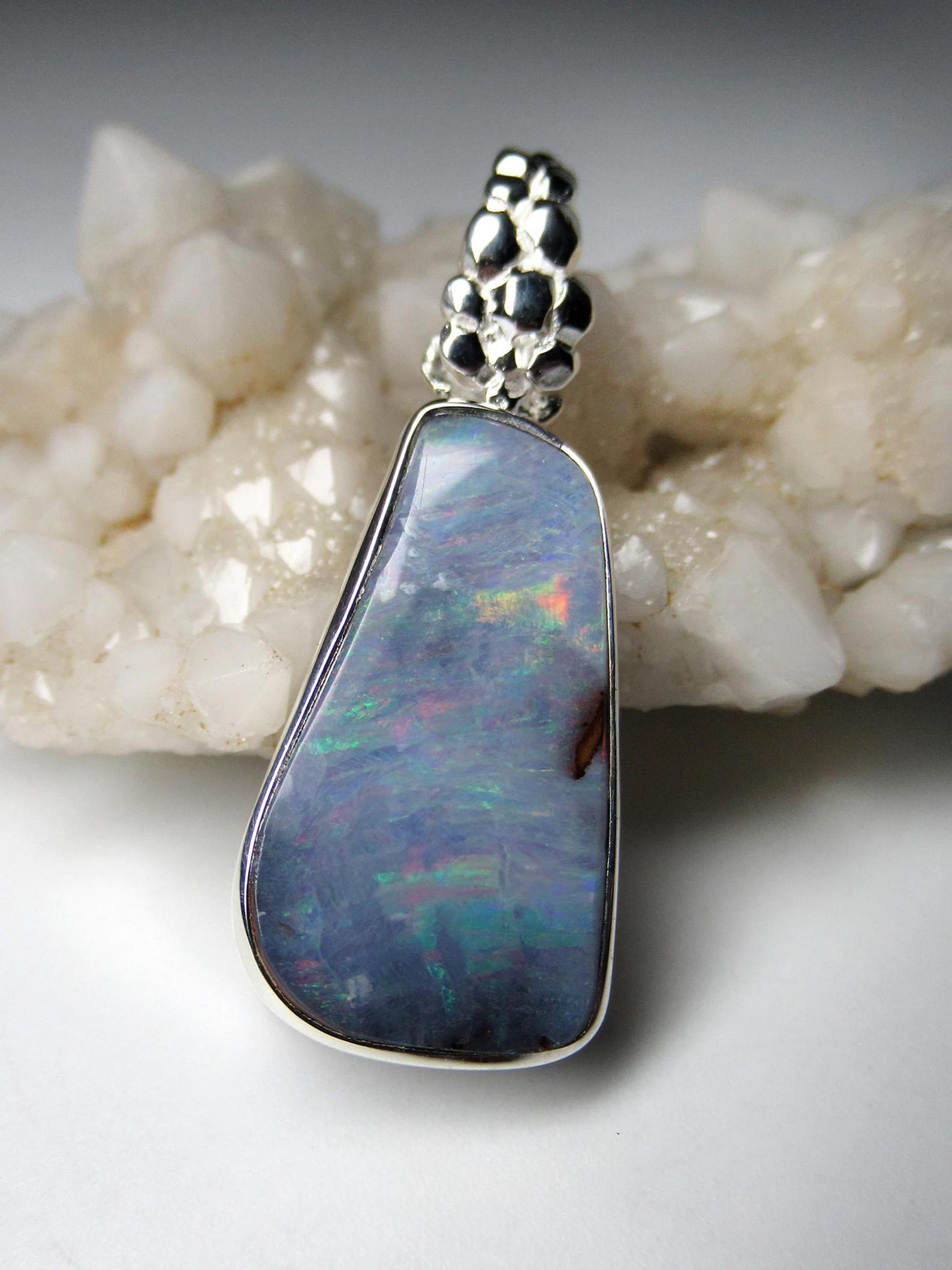 Boulder Opal Silver Pendant Colorful Blue Natural Australian gemstone gift In New Condition For Sale In Berlin, DE