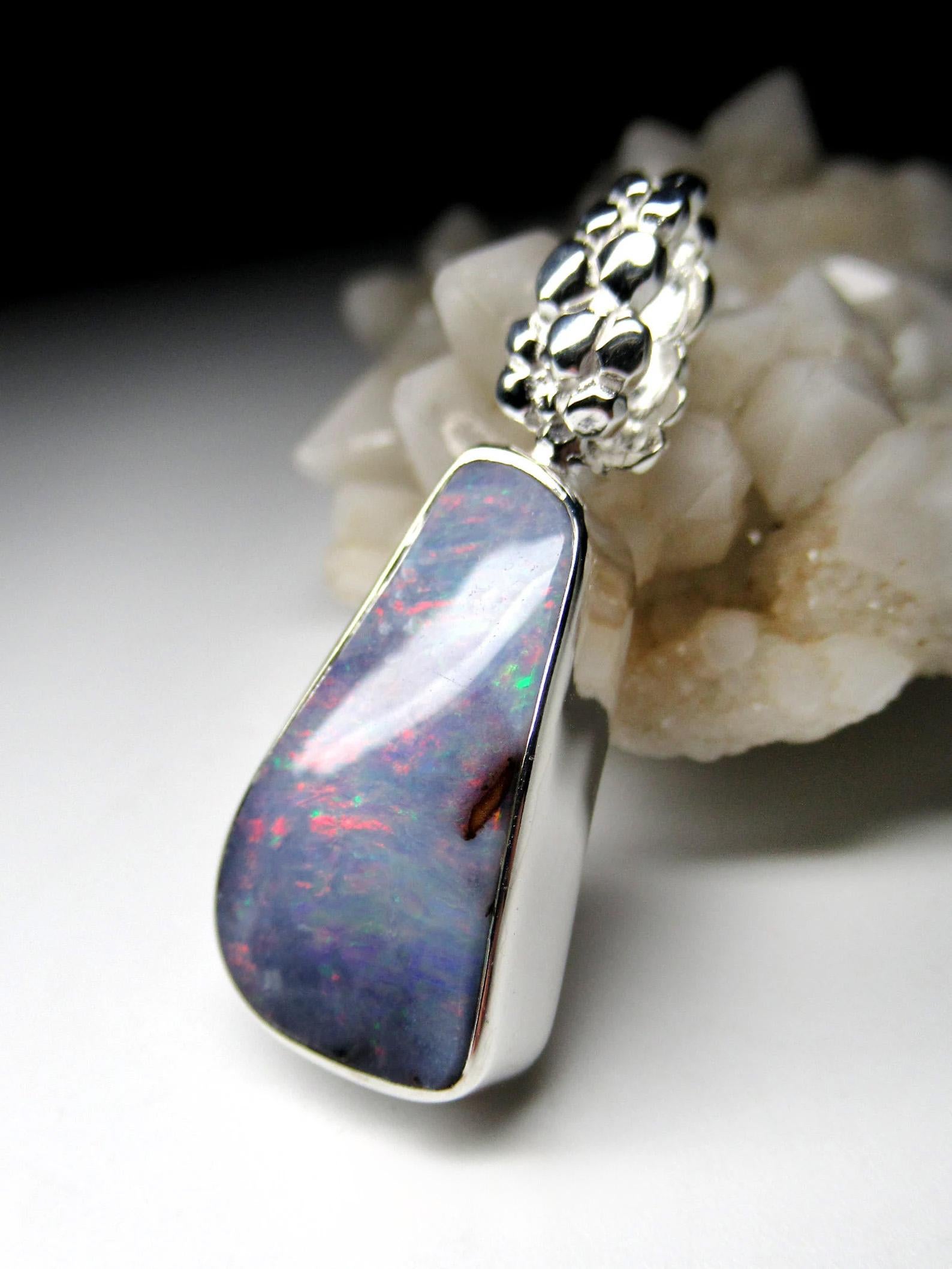 Women's or Men's Boulder Opal Silver Pendant Colorful Blue Natural Australian gemstone gift For Sale