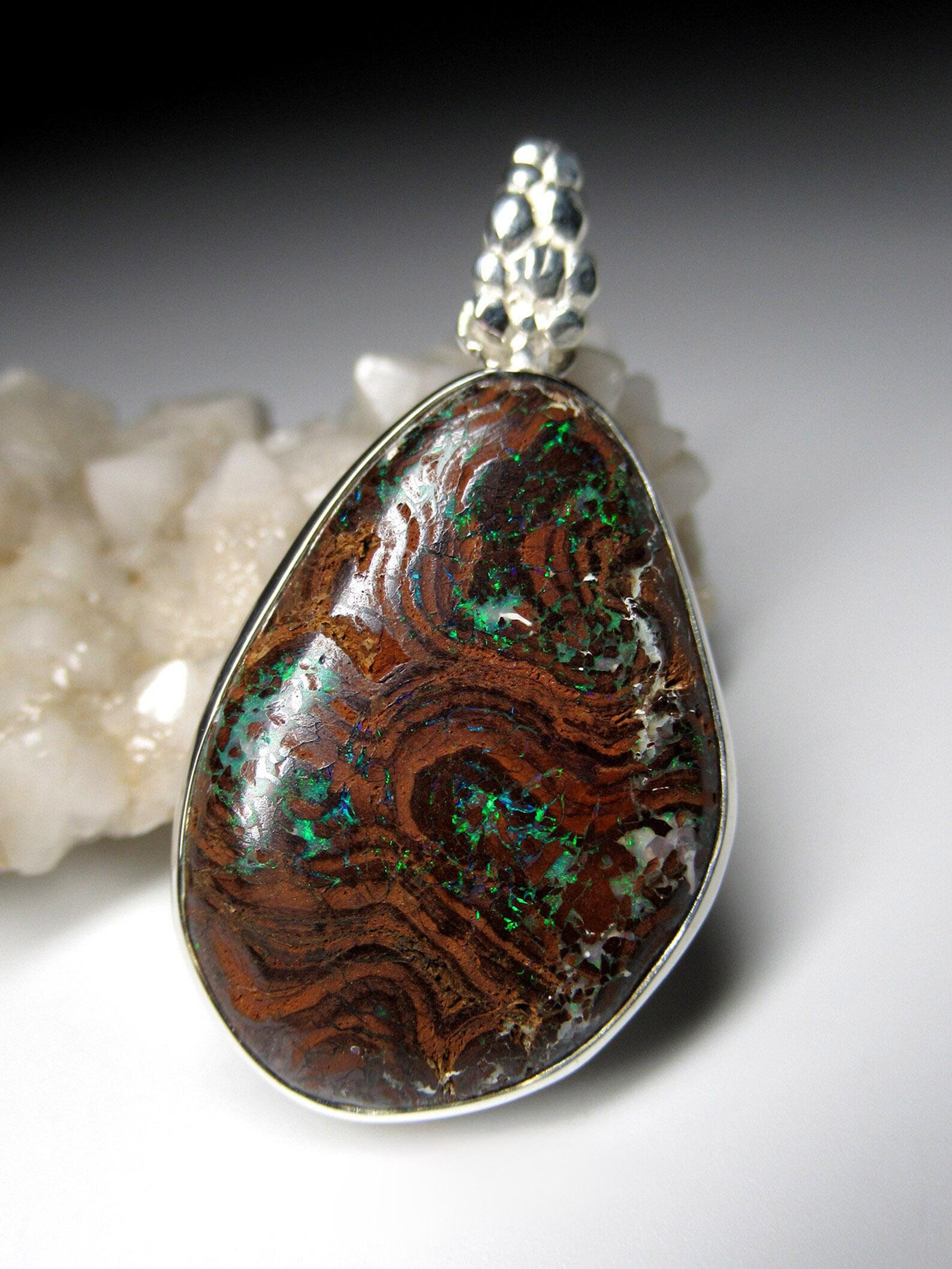 Taglio ovale Ciondolo d'argento Boulder Opal Autentico Australiano Greene & Greene Brown Gemstone regalo in vendita