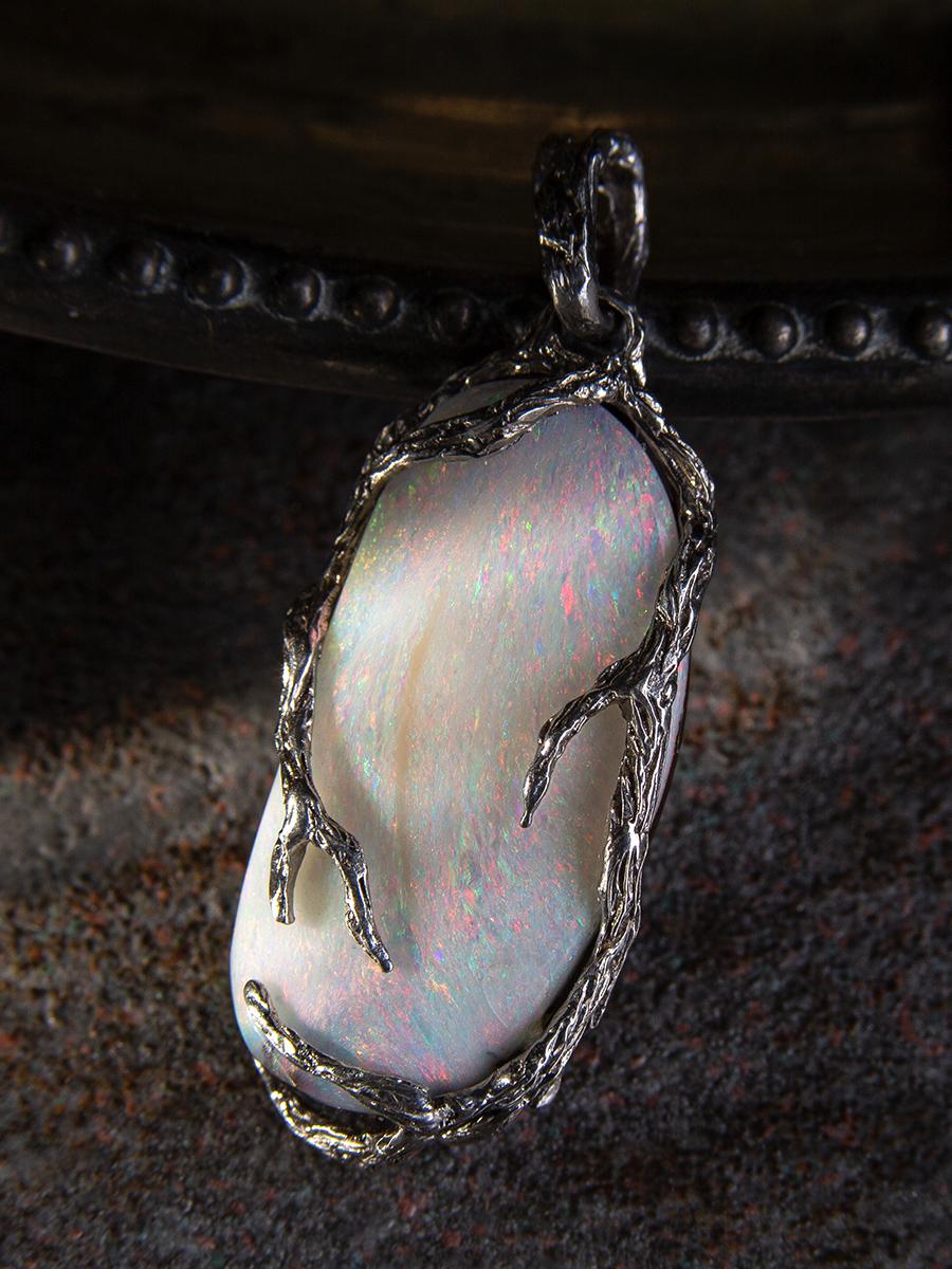 Boulder Opal Silver Pendentif cadeau Multicolore Natural Australian Stone necklace en vente 5