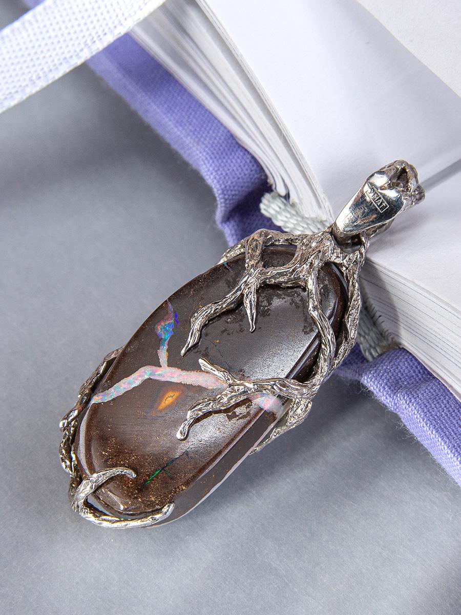 Boulder Opal Silver Pendentif cadeau Multicolore Natural Australian Stone necklace en vente 1