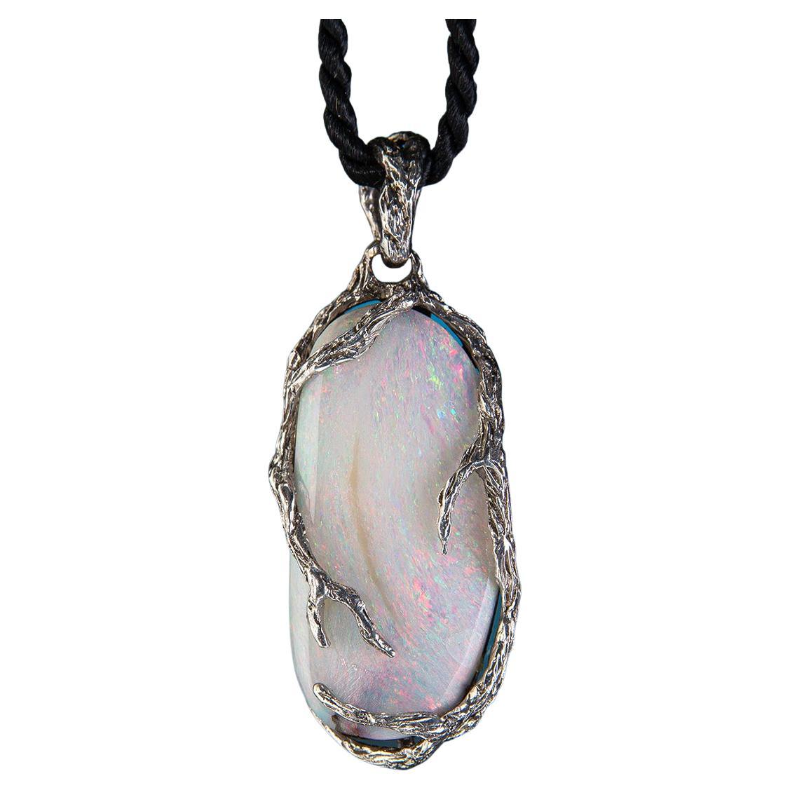 Boulder Opal Silver Pendentif cadeau Multicolore Natural Australian Stone necklace en vente