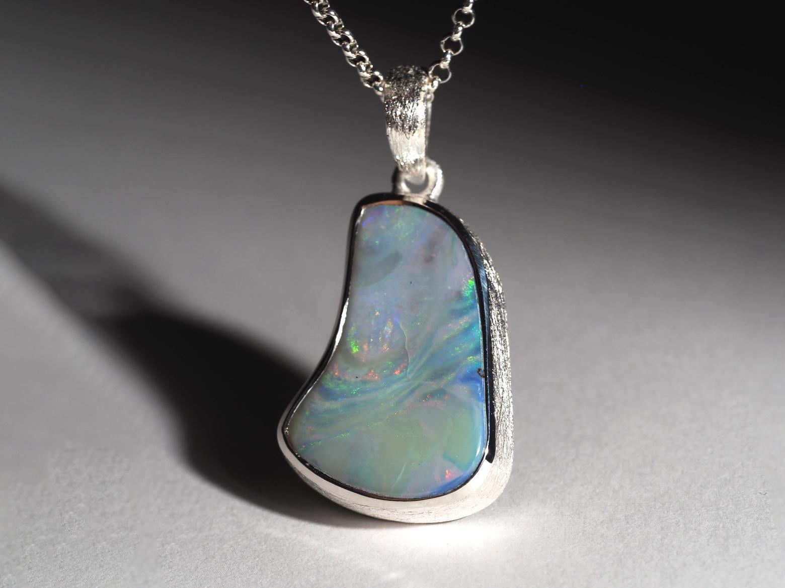 Artisan Boulder Opal Silver Pendant Light Blue Australian Opal Necklace gift friend For Sale