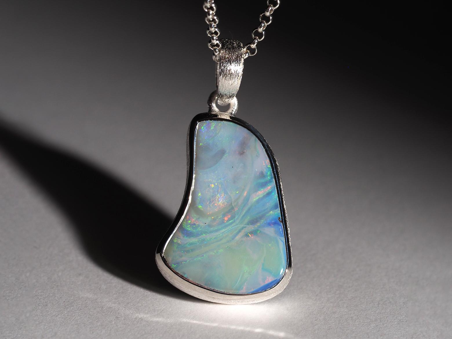 Women's or Men's Boulder Opal Silver Pendant Light Blue Australian Opal Necklace gift friend For Sale