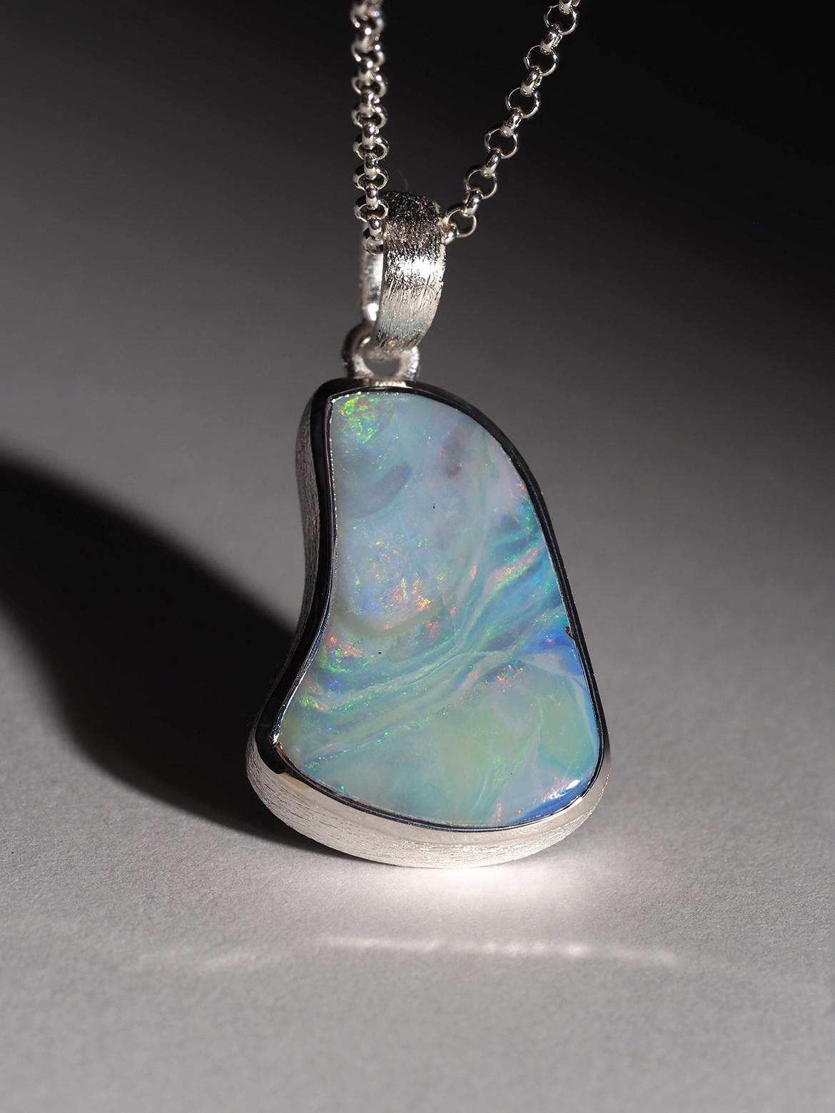 Boulder Opal Silver Pendant Light Blue Australian Opal Necklace gift friend For Sale 1
