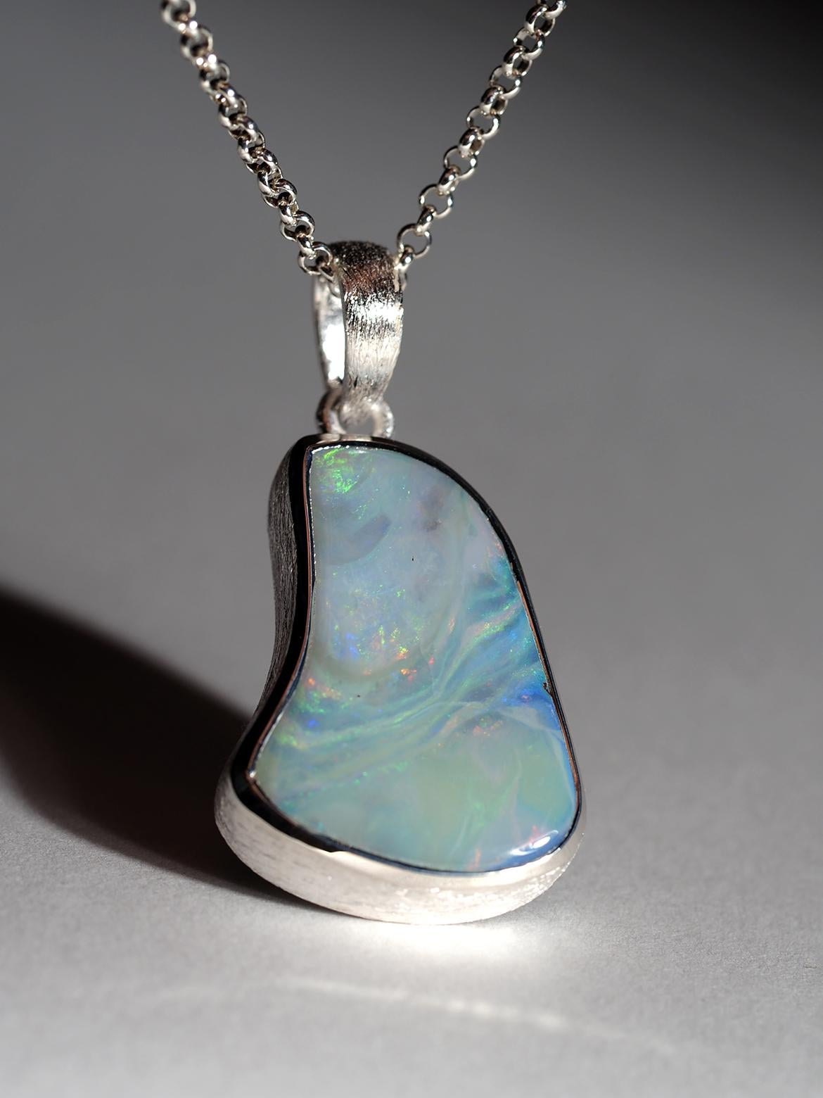 Boulder Opal Silver Pendant Light Blue Australian Opal Necklace gift friend For Sale 2