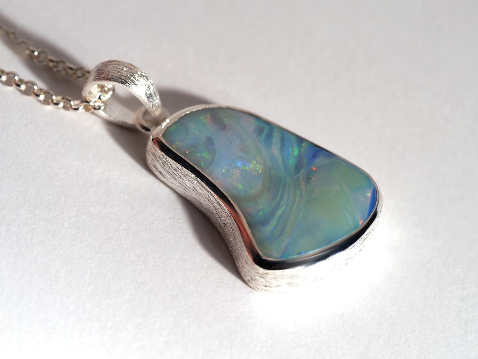 Boulder Opal Silver Pendant Light Blue Australian Opal Necklace gift friend For Sale 3